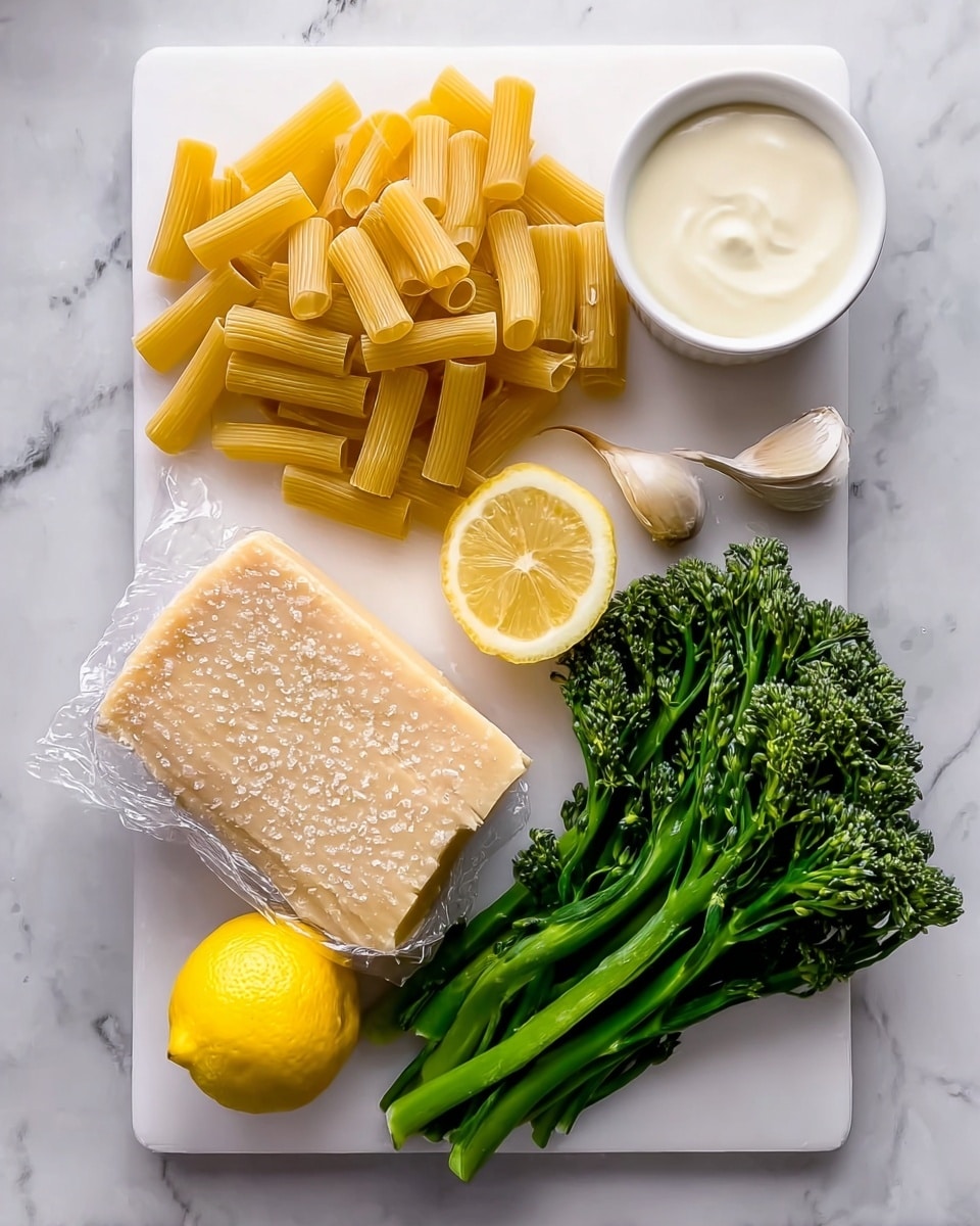 The image shows a white cutting board on a white marbled surface, holding several food items arranged neatly. There is a wrapped pile of yellow dried pasta tubes scattered slightly on the board, next to a larger piece of hard cheese with a textured rind on one side. Bright green broccolini with long stems and small florets lies beside the cheese. Two garlic cloves rest near a whole lemon and a lemon half, which displays its bright yellow, juicy inside. An open small white container of cream sits at the top right corner of the board, with a creamy texture visible inside. Photo taken with an iphone --ar 4:5 --v 7