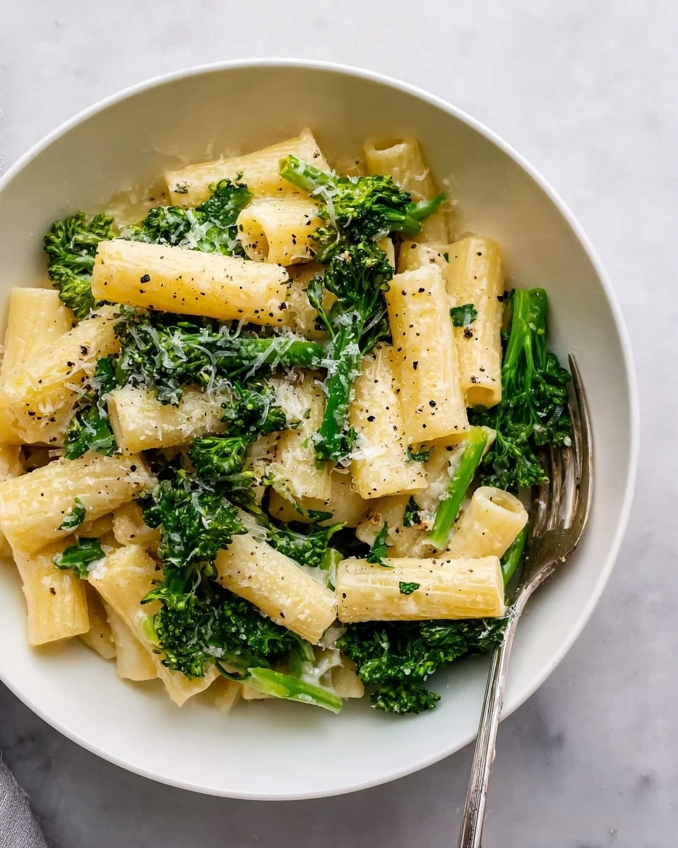 A white bowl filled with rigatoni pasta mixed with bright green broccolini pieces. The rigatoni is pale yellow with a smooth texture, layered evenly throughout the bowl, while the broccolini adds a fresh green color and slight rough texture. Some grated cheese lightly covers the pasta and broccolini, with small black pepper specks sprinkled on top. A silver fork rests inside the bowl on the right side, and the bowl sits on a white marbled surface. photo taken with an iphone --ar 4:5 --v 7