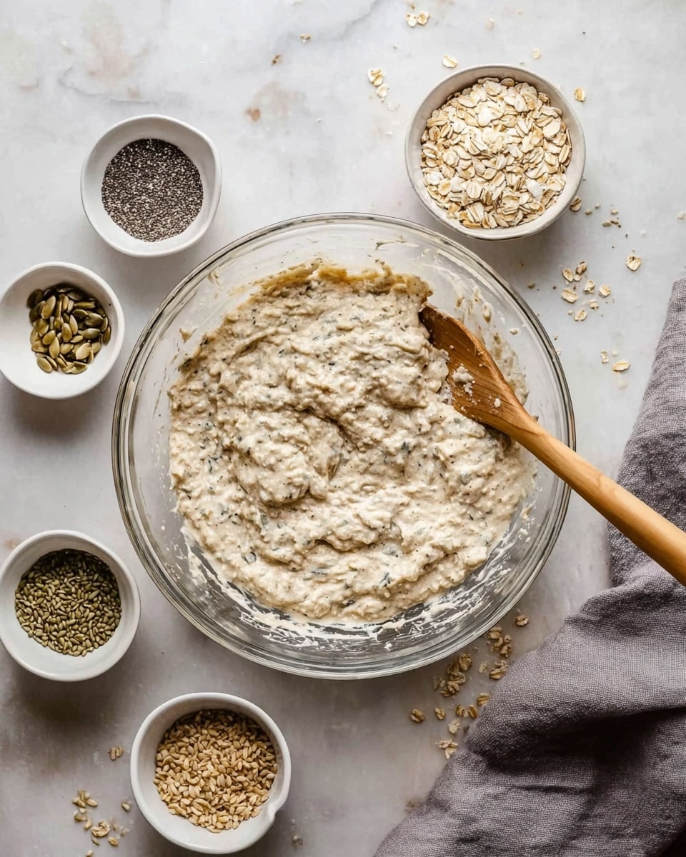 The image shows a clear glass bowl filled with a thick, creamy mixture that has a rough, grainy texture with visible bits of oats mixed throughout. A wooden spoon is resting in the bowl, partially covered by the batter. Around the bowl, there are five small white bowls each containing different dry ingredients: one with small black chia seeds, one with sunflower seeds, one with green hemp seeds, one with rolled oats, and one with light brown flaxseeds. The bowl and smaller bowls sit on a white marbled surface, with a grey cloth placed near the main bowl. Photo taken with an iphone --ar 4:5 --v 7
