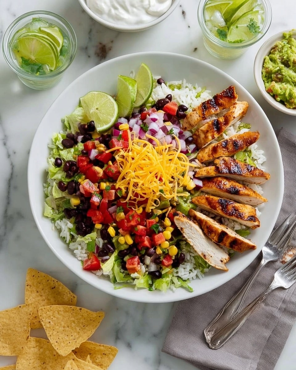 A white plate sits on a white marbled surface, filled with a colorful layered dish. The base layer consists of white rice mixed with black beans, chopped red tomatoes, yellow corn, red onions, and green lettuce scattered unevenly across the plate. On top of the rice mixture, there is a sprinkle of shredded yellow cheese. Arranged neatly on one side of the plate are several grilled golden-brown chicken strips with grill marks. Two lime wedges rest near the top of the plate, next to two half circle tortilla chips. Surrounding the plate are small white bowls containing guacamole, sour cream, and pico de gallo, along with a glass filled with lime wedges. A silver fork lies on a gray napkin beside the plate. Photo taken with an iphone --ar 4:5 --v 7