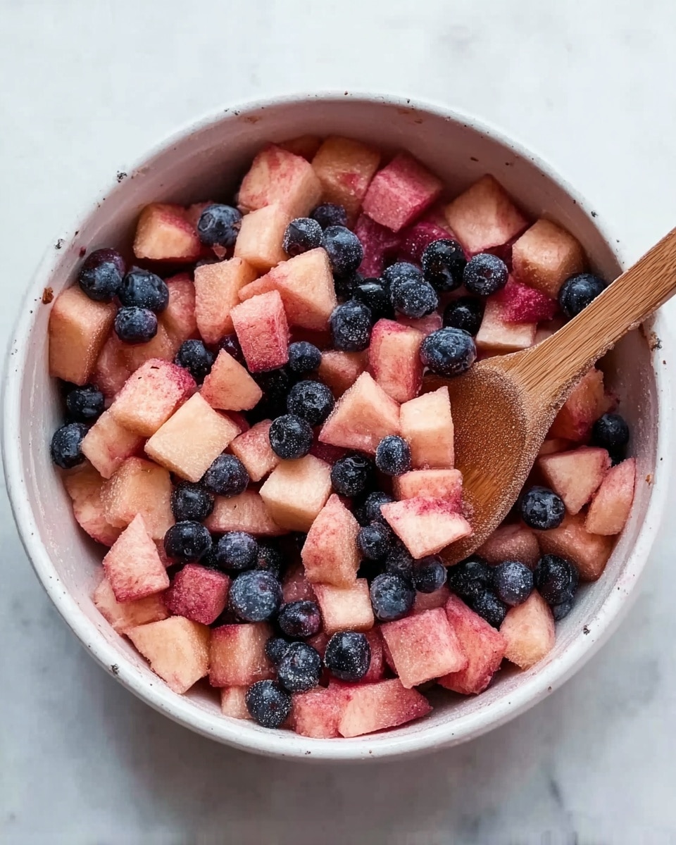 A white bowl filled with small pieces of light pinkish fruit mixed with dark blue round berries. The fruit pieces are uneven shapes and spread evenly throughout the bowl. A light brown wooden spoon rests in the mixture, partially submerged on the right side. The bowl is placed on a white marbled surface with faint grey veins visible. The photo is close-up, showing the texture of the fruits and the smooth finish of the bowl photo taken with an iphone --ar 4:5 --v 7