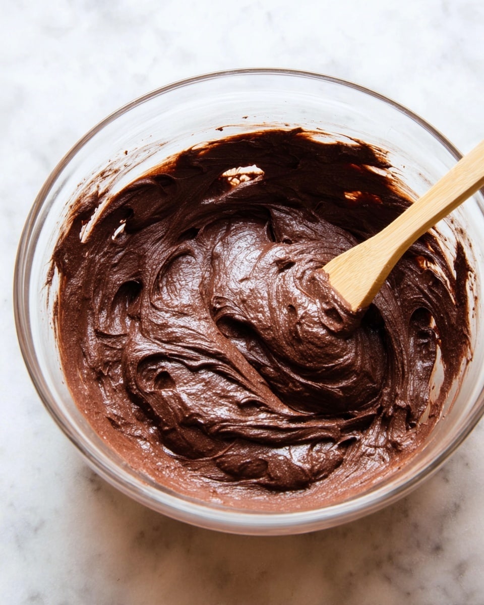 A clear glass bowl filled with rich, thick chocolate batter that has a smooth but slightly lumpy texture, showing swirls and folds from mixing. A wooden spatula is partially visible on the right side, blending into the dark brown batter. The background is a white marbled surface. Photo taken with an iphone --ar 4:5 --v 7