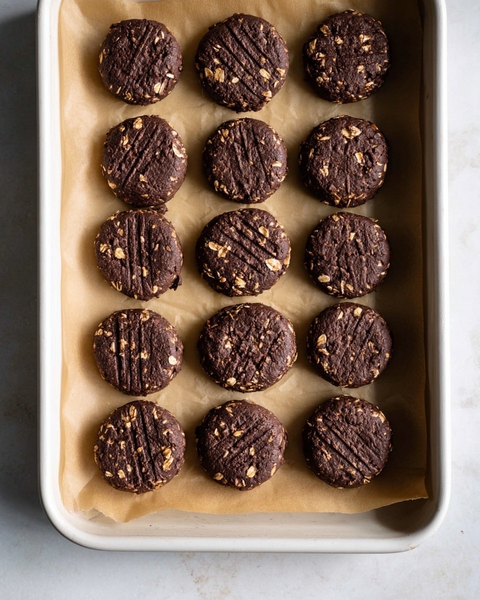 The image shows a white tray lined with brown parchment paper holding twelve chocolate cookies arranged in a grid with three rows and four columns. The cookies are round and thick with a dark brown chocolate base speckled with lighter oats and small dark chocolate chips. Some cookies have faint fork marks pressed into their tops, creating simple crisscross patterns. The tray sits on a white marbled surface that softly reflects light. photo taken with an iphone --ar 4:5 --v 7