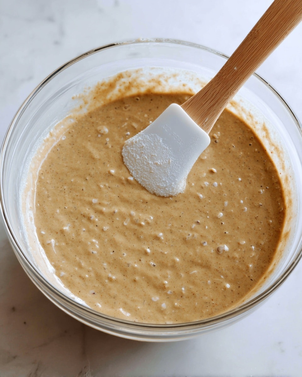 A clear glass bowl sits on a white marbled surface, filled with thick, light brown batter that has small bubbles and specks throughout, giving it a slightly textured look. A wooden spatula with a white silicone tip rests inside the bowl, partially covered with the batter, showing some flour dust on the wooden part. The scene is evenly lit with natural light, highlighting the smooth, creamy consistency of the batter. photo taken with an iphone --ar 4:5 --v 7