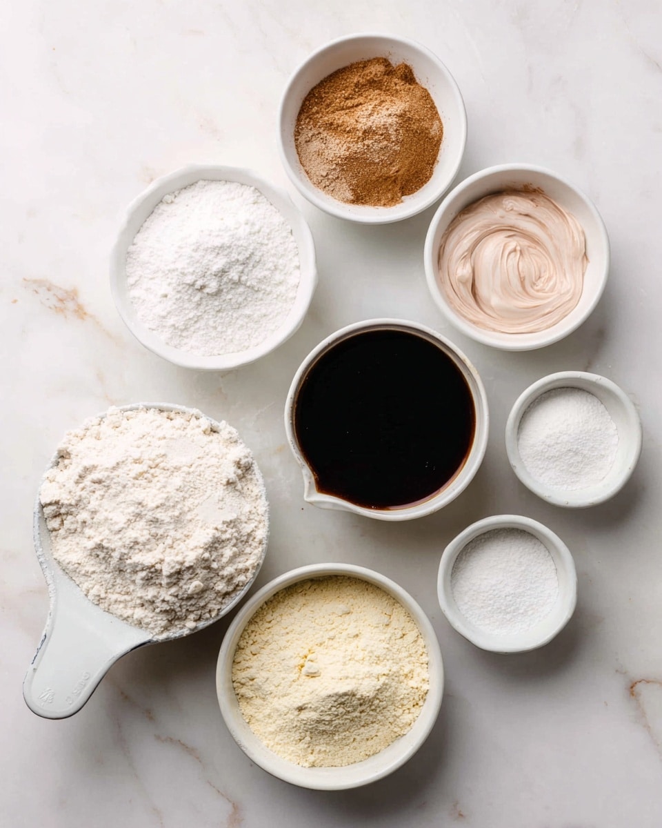 The image shows eight small white bowls and one white measuring cup arranged on a white marbled surface, each containing a different ingredient. From the top left going clockwise, the first bowl has a white powdery ingredient, the second holds a light brown spice mix with a slightly grainy texture, the third has a creamy pinkish-white mixture with smooth swirls, the fourth contains a dark liquid with a glossy surface in a small jug, the fifth and sixth smaller bowls contain white powdery ingredients, the seventh small bowl also has a white powder, the eighth bowl is filled with a pale yellow fine-grain ingredient, and the white measuring cup near the center-left is full of a light beige flour-like substance with a slightly coarse texture. photo taken with an iphone --ar 4:5 --v 7