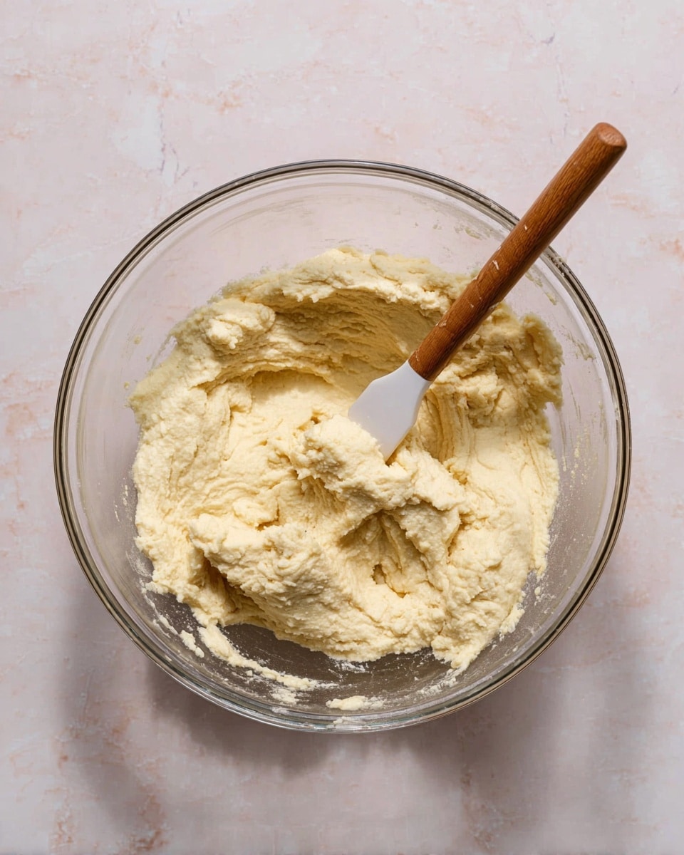 A clear glass bowl holds a thick, pale yellow dough mixture with a creamy and slightly rough texture. The dough fills most of the bowl's base, with some of it sticking lightly to the sides. A wooden spatula with a white silicone head rests inside, partially covered by the dough. The bowl is placed on a surface with a white marbled texture. photo taken with an iphone --ar 4:5 --v 7