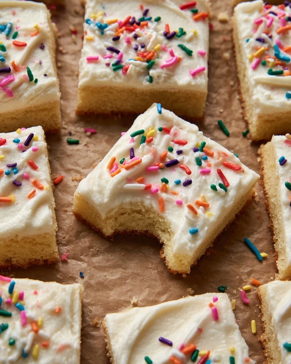 This image shows several square-shaped vanilla cookies arranged closely on a piece of brown parchment paper over a white marbled texture. Each cookie has two visible layers: a thick, light golden-brown base that looks soft and crumbly, and a creamy white frosting layer on top that is smooth with slightly swirled patterns. Colorful oblong sprinkles in red, pink, orange, yellow, green, blue, purple, and white are scattered over the frosting, adding bright spots of color. One cookie in the middle has a bite taken out of it, revealing the soft texture inside. The photo is taken with an iphone --ar 4:5 --v 7