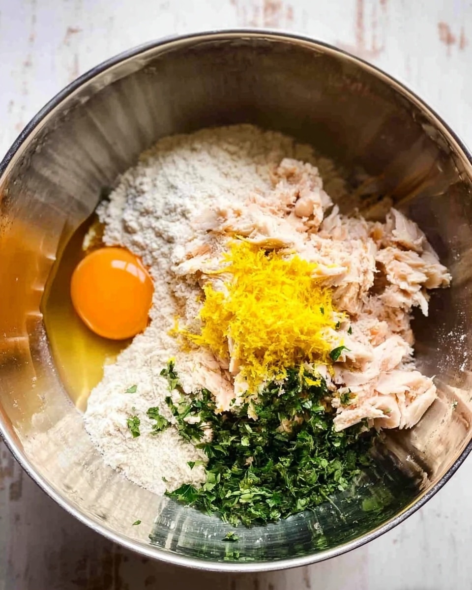 In a large shiny metal mixing bowl placed on a white marbled surface, there are several raw ingredients separated into distinct sections: a bright orange raw egg yolk on the left side, a pile of soft white flour on the upper right side, finely chopped green herbs on the far right, small shreds of pale pink cooked chicken in the bottom center, and a sprinkle of bright yellow lemon zest on top of the chicken. The textures range from powdery flour to the smooth egg yolk and the leafy herbs. The colors are well defined and spread out in the round bowl. photo taken with an iphone --ar 4:5 --v 7