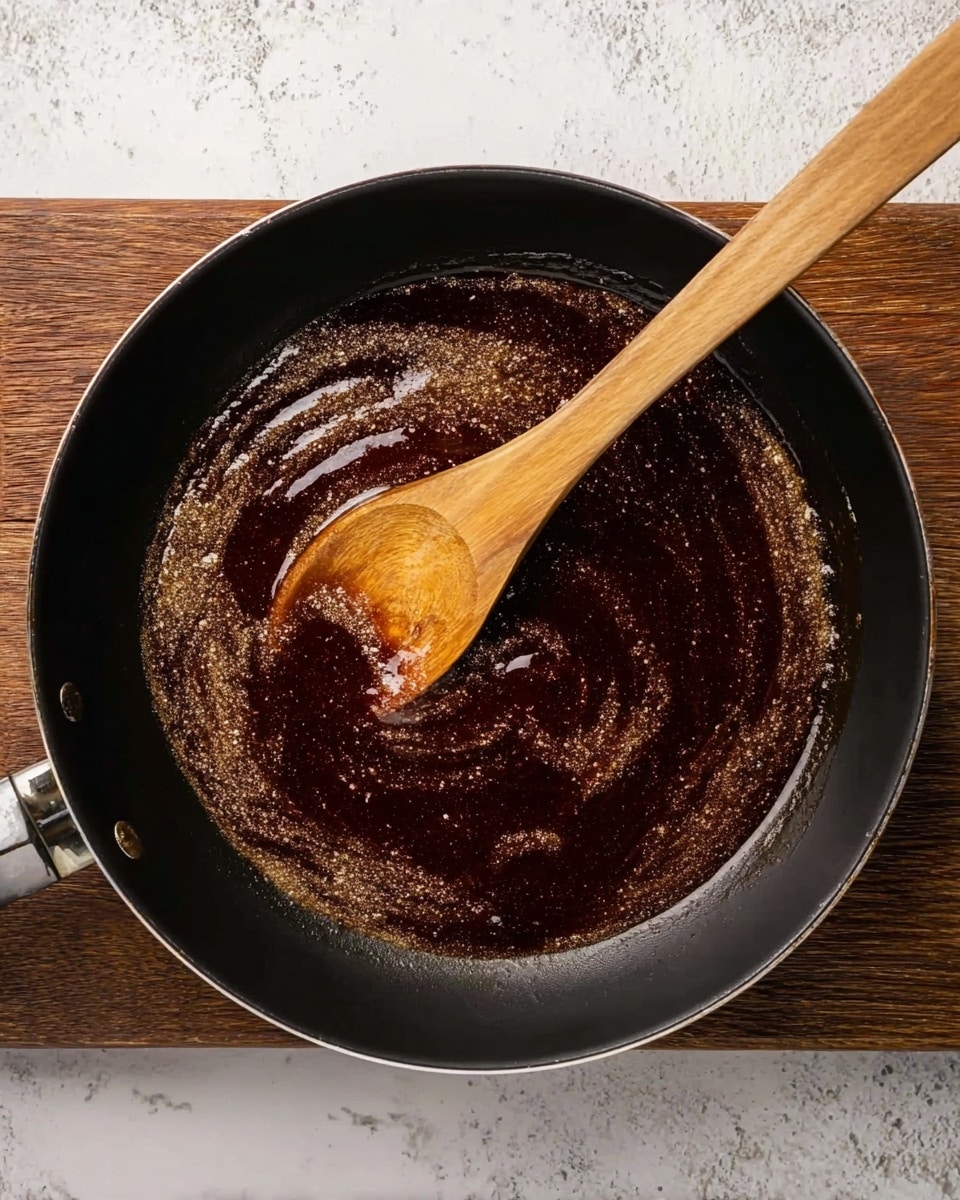 A black pan is shown from above, placed on a wooden surface that is replaced by a white marbled texture. Inside the pan, there is dark brown sauce or melted butter with a rich, smooth texture and lighter patches swirled around. A wooden spoon is resting in the center, with its handle stretching out from the middle to the bottom left corner of the image. The pan's edges are rounded and smooth, clearly holding the sauce inside. Photo taken with an iphone --ar 4:5 --v 7