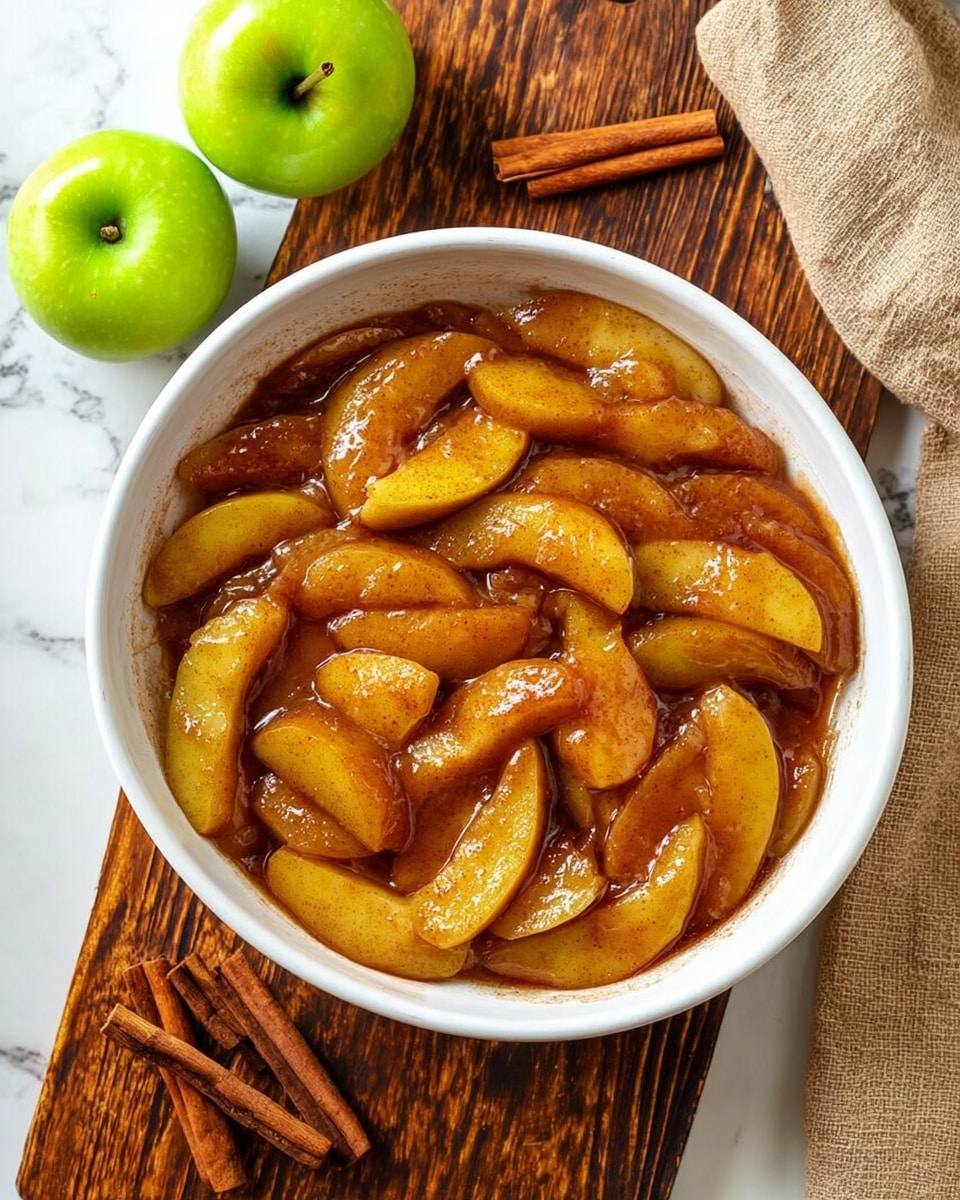 The image shows a white bowl filled with slices of cooked apples coated in a shiny brown sauce, arranged in layers that overlap each other, creating a mix of golden yellow and caramel brown colors. The bowl sits on a wooden board with a few cinnamon sticks to its left side, and two whole green apples are placed on the white marbled surface in the top left corner. A beige cloth is partly visible on the right side. The cooked apples look soft and glossy, and the overall warm tones contrast with the cool green apples and the white marbled background. photo taken with an iphone --ar 4:5 --v 7