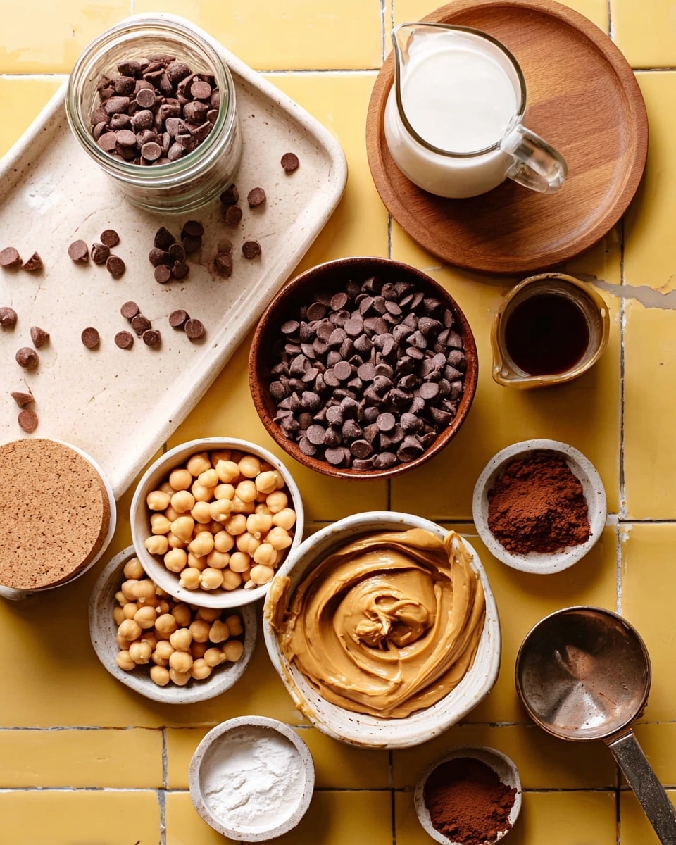 The image shows a flat lay of ingredients for a recipe arranged on a yellow tiled surface changed to white marbled texture. In the center-bottom, there is a white bowl filled with light beige chickpeas. Just above it, in the middle, a brown bowl is filled with shiny dark brown chocolate chips. To the top-left, a glass jar is filled with more chocolate chips, with its cork lid resting beside it on a beige tray. On the right side, a white bowl contains smooth, creamy peanut butter with visible swirls on its surface. Next to it is a white pitcher with a dark liquid inside, placed on a small wooden plate along with a glass of white milk. Surrounding these main items are small bowls containing white powder and dark brown cocoa powder, as well as a small metal measuring cup with a wooden handle on the right edge. Photo taken with an iphone --ar 4:5 --v 7