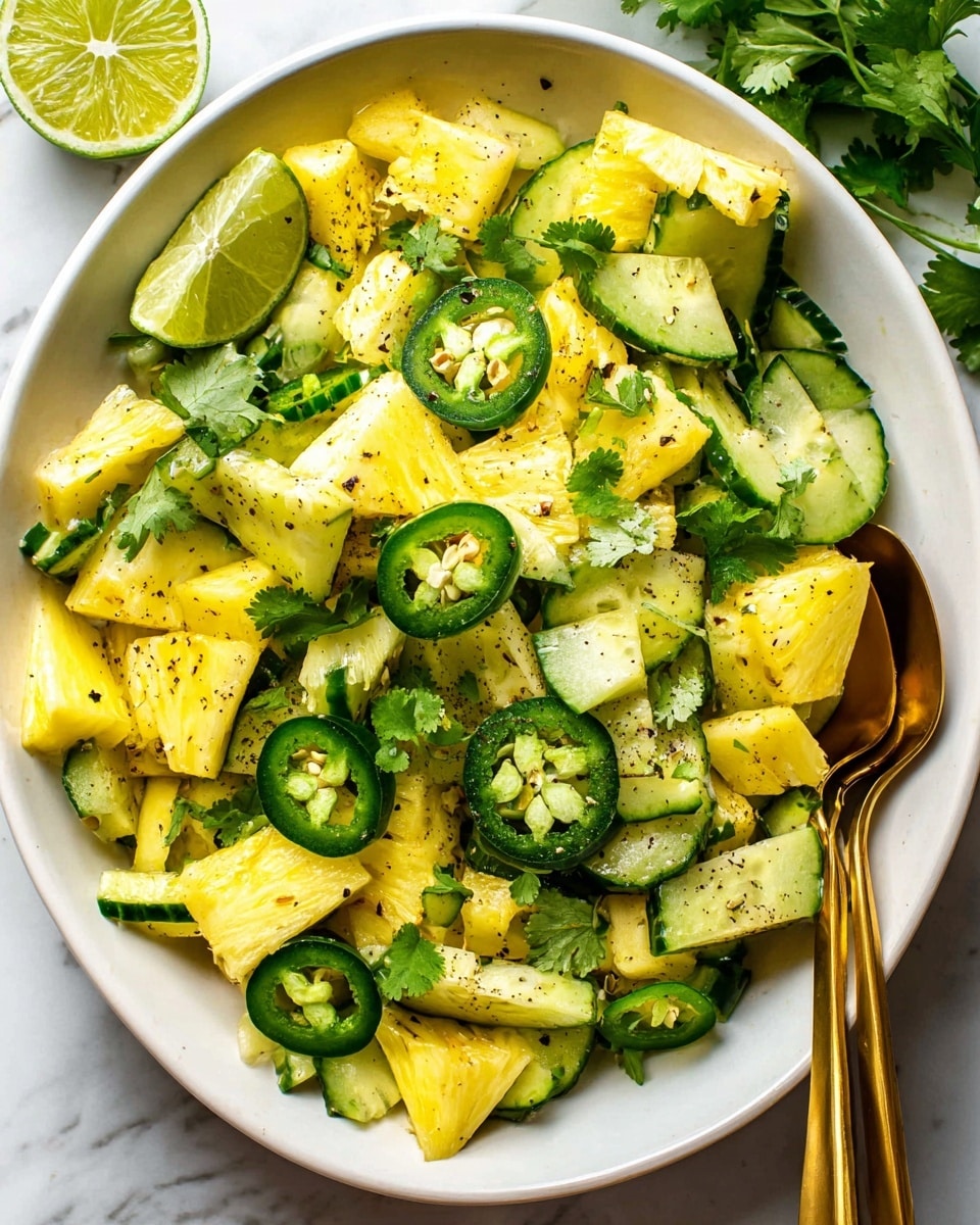 The image shows a fresh salad in a large white bowl on a white marbled surface. The salad is made of three main layers: the base layer has bright yellow pineapple chunks cut into triangles with a slightly rough texture, the middle layer contains slices of cucumber that are pale green with darker green skin, and the top layer is decorated with sliced green jalapeños, lime wedges, and fresh green cilantro leaves. The salad is sprinkled with black pepper, giving tiny black dots across the ingredients. Two gold spoons rest on the right side of the bowl, slightly inside it. photo taken with an iphone --ar 4:5 --v 7