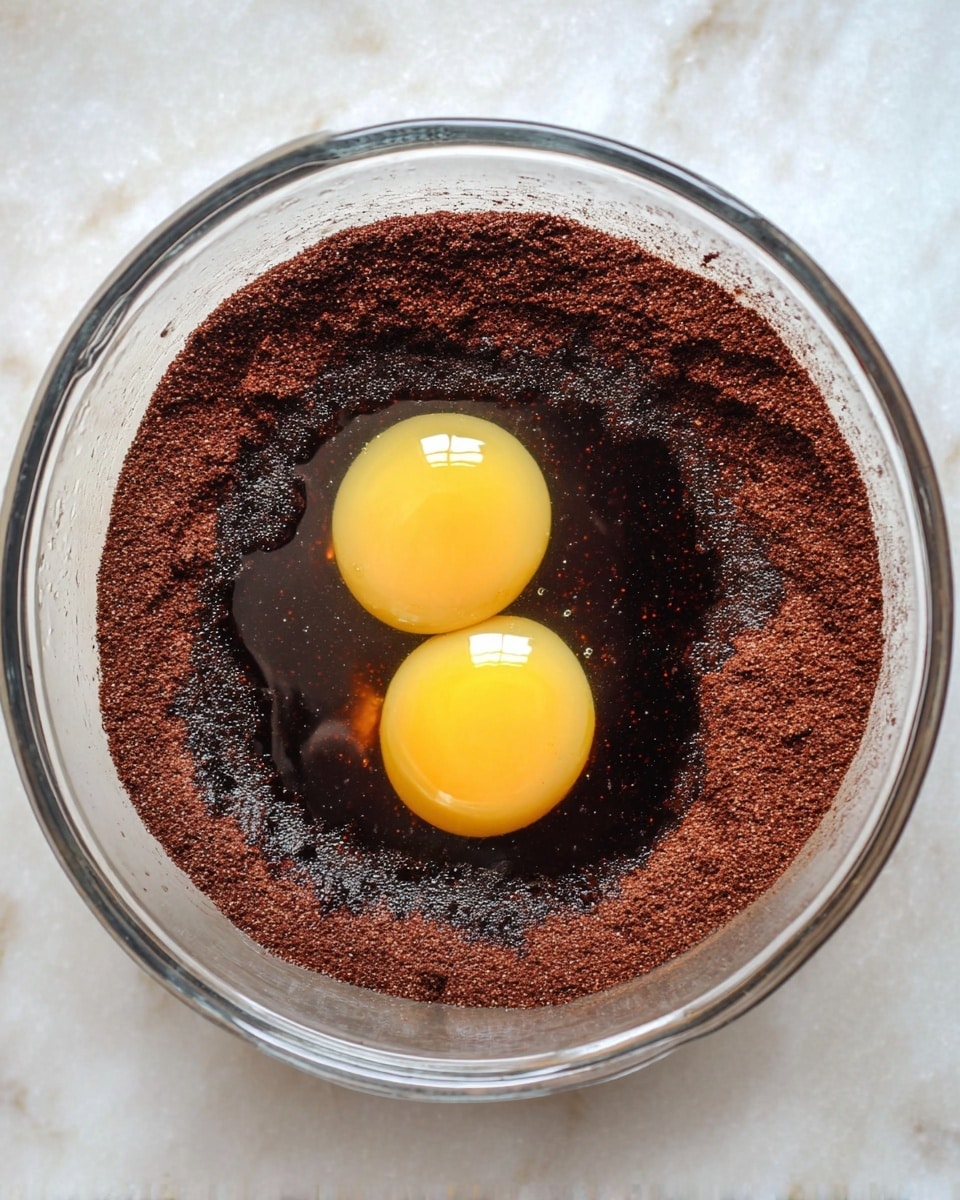 A clear glass bowl sits on a white marbled surface holding three layers of ingredients. The bottom layer is a fine, dark brown powder spread evenly in a thick ring along the edge of the bowl. Inside the ring is a dark, shiny liquid filling the middle area. Two raw eggs rest on top of the liquid layer, their bright yellow yolks round and whole, surrounded by the glossy, clear egg whites. The overall look is a mix of smooth and granular textures with strong contrasts between the dark and light colors. photo taken with an iphone --ar 4:5 --v 7
