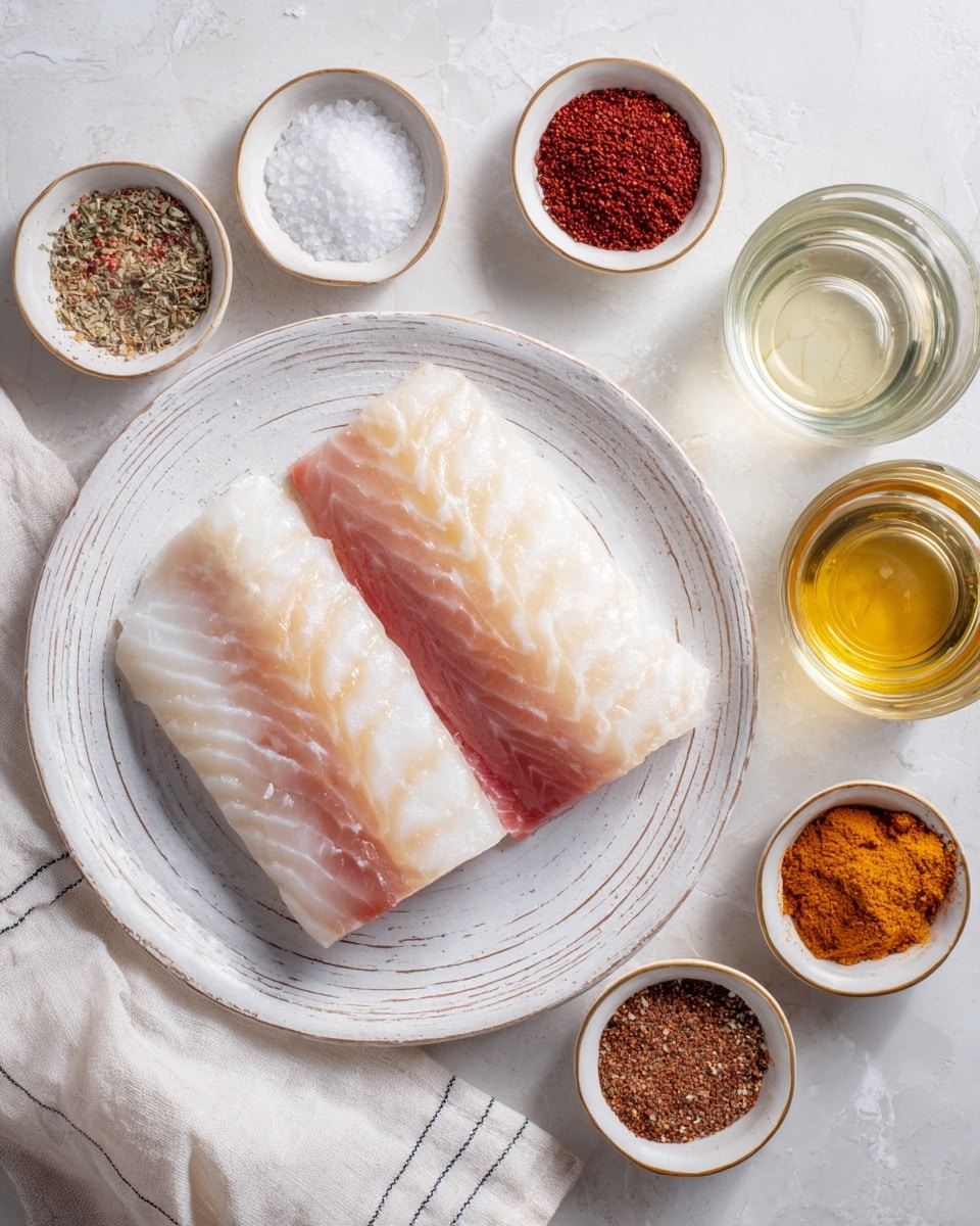 Two pieces of raw white fish fillets with a light pink gradient near the middle are placed side by side on a white textured plate with subtle wood grain patterns. Around the plate on a white marbled surface, there are five small white bowls with gold rims; the bowls hold different spices and ingredients in various colors: one with white salt, one with light red spice, one with dark brown spice, one with bright red spice, and two transparent glasses, one with a pale yellow liquid and the other with a golden yellow liquid. A white cloth with thin, dark lines is partially visible in the lower left corner. Photo taken with an iphone --ar 4:5 --v 7