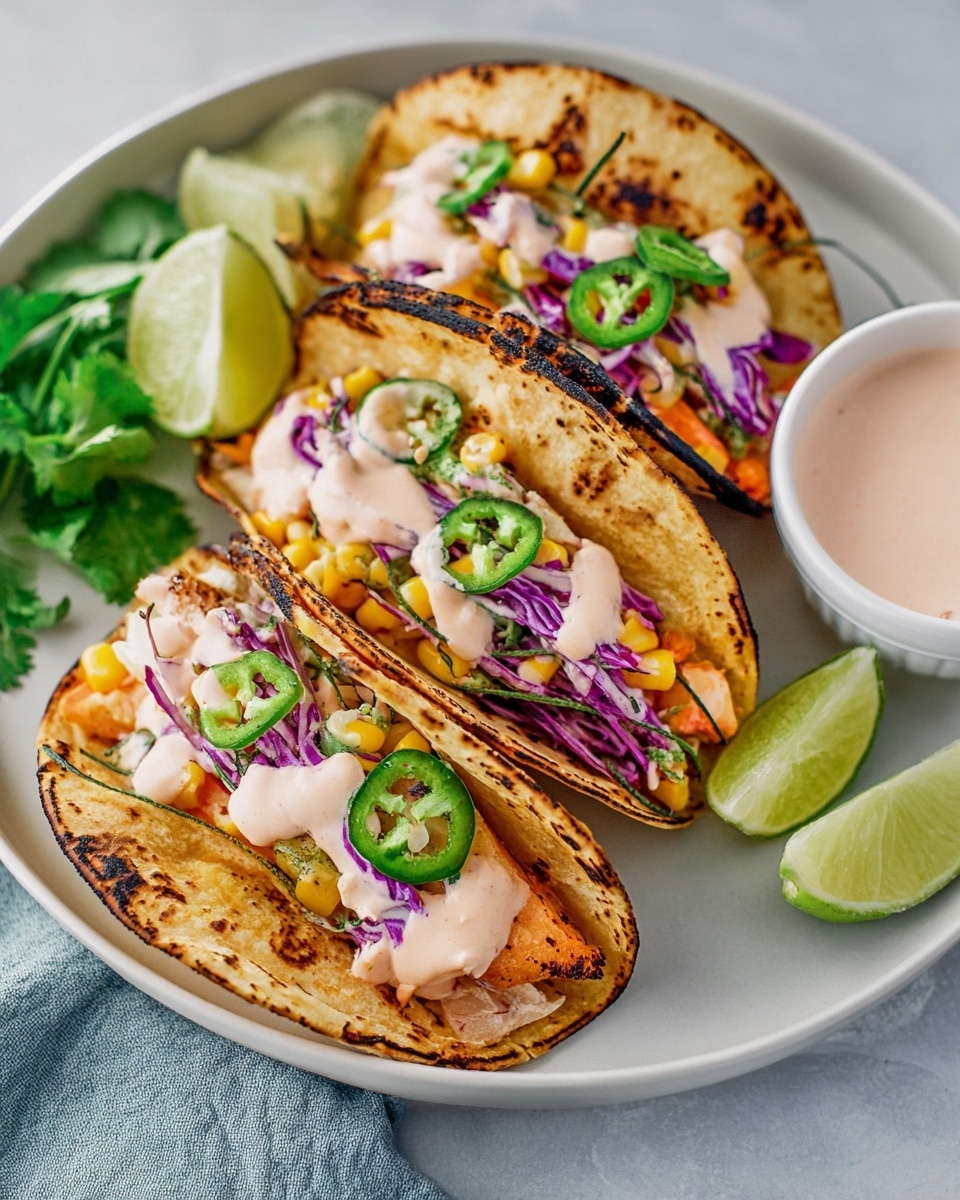 Three tacos sit on a white plate with a white marbled surface underneath. Each taco has a lightly charred, golden-brown tortilla folded to hold the filling. Inside, layers start with a base of light cooked pieces, topped with bright purple cabbage, thin orange carrot strips, yellow corn kernels, and green jalapeño slices. A creamy light pink sauce is drizzled over the top. The plate also holds lime wedges and fresh green cilantro, with a small white bowl of the same light pink sauce on the side. Photo taken with an iphone --ar 4:5 --v 7