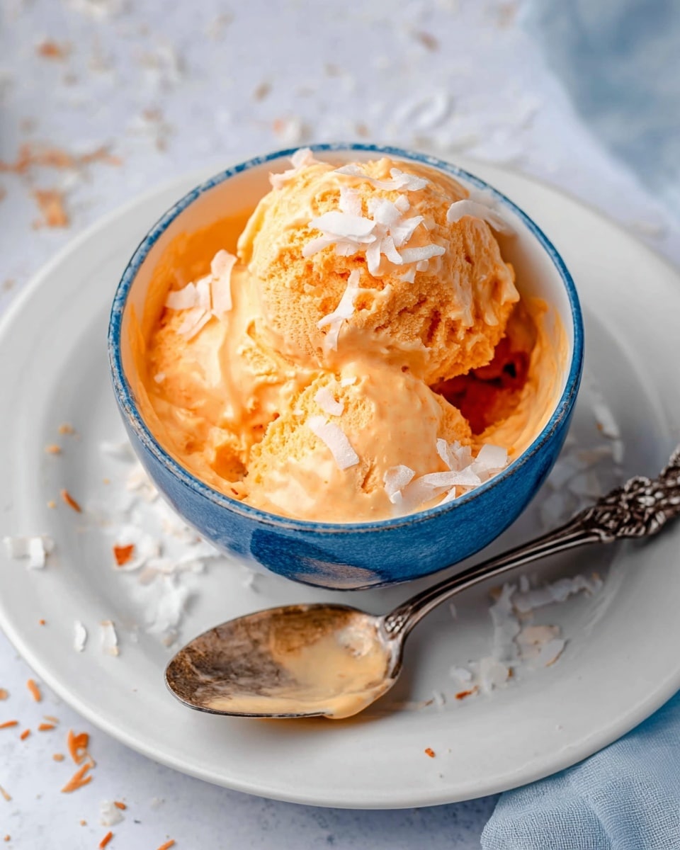 The image shows a blue bowl placed on a white plate with some creamy orange ice cream inside. The ice cream has a smooth and slightly fluffy texture with a few white coconut flakes sprinkled on top and around the bowl. An ornate silver spoon rests on the white plate, with some melted ice cream on it. The background is a white marbled texture. photo taken with an iphone --ar 4:5 --v 7