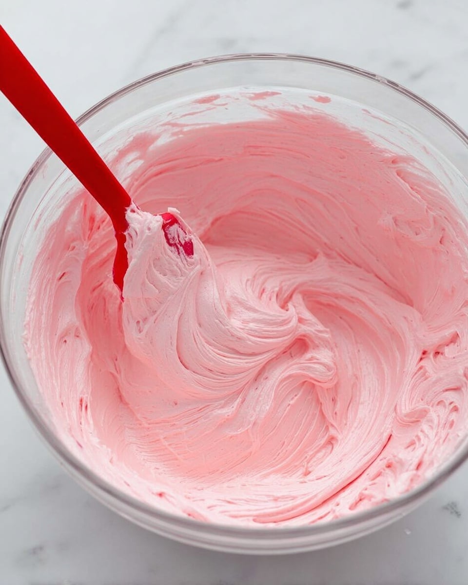 A clear glass mixing bowl sits on a white marbled surface, filled with smooth pink frosting that has a thick, creamy texture. A red silicone spatula rests inside the bowl, its tip covered with the same pink frosting, showing swirled patterns where the frosting was mixed. The frosting has gentle peaks and soft curves on its surface, with a delicate sheen that highlights its airy and whipped consistency photo taken with an iphone --ar 4:5 --v 7