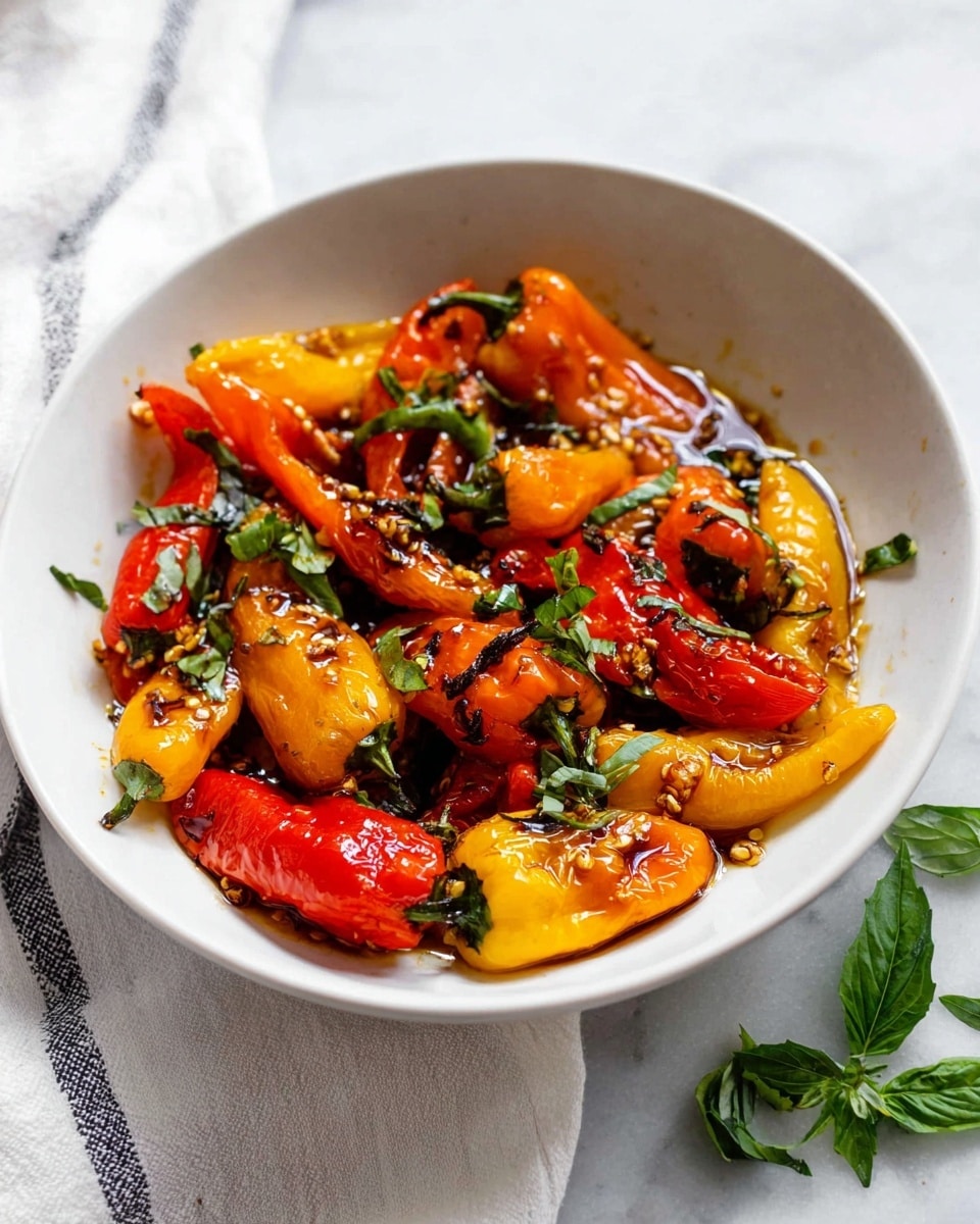 A white bowl holds a mix of roasted mini peppers in bright red, yellow, and orange colors with shiny, slightly wrinkled skin. The peppers are layered evenly, covered with a dark glossy sauce and small bits of chopped garlic or seasoning. Scattered small green basil leaves add fresh color on top and around the peppers. The bowl is set on a white marbled surface with some torn basil leaves nearby, and a white cloth with a gray stripe partially visible under the bowl. photo taken with an iphone --ar 4:5 --v 7