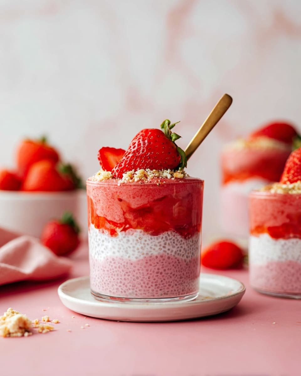 The image shows a clear glass cup with five visible layers starting from the bottom: a bright red smooth strawberry layer, a pink chia seed pudding layer with visible seeds, a white creamy layer, another chia seed pudding layer, and a final top layer combining pink chia pudding and red strawberry sauce with small crumbly bits sprinkled over. A whole bright red strawberry with green leaves sits on the rim. A gold spoon is placed inside the cup. In the blurred background, two more similar cups are visible. The cup sits on a white plate on a pink surface with some crumbs scattered around, and a bowl with strawberries is partly visible. The background has a white marbled texture photo taken with an iphone --ar 4:5 --v 7