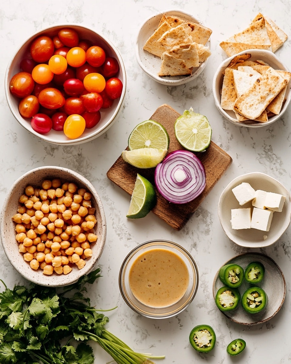 This image shows a top view of several bowls and ingredients arranged on a white marbled surface. There is one white bowl filled with red and orange small tomatoes on the top left. To the right, another white bowl holds pieces of toasted pita bread. Below, a white bowl is full of chickpeas with a smooth texture and golden color. A small white bowl near the right edge contains chunks of white cheese. In the center, a wooden cutting board holds two halves of a green lime and a halved red onion showing its purple layers. Next to the board are two halves of a green jalapeño pepper with visible seeds. At the bottom right is a glass bowl with a light beige sauce. Fresh cilantro and green onions rest on the left. All ingredients are spread evenly with clear colors and simple textures photo taken with an iphone --ar 4:5 --v 7