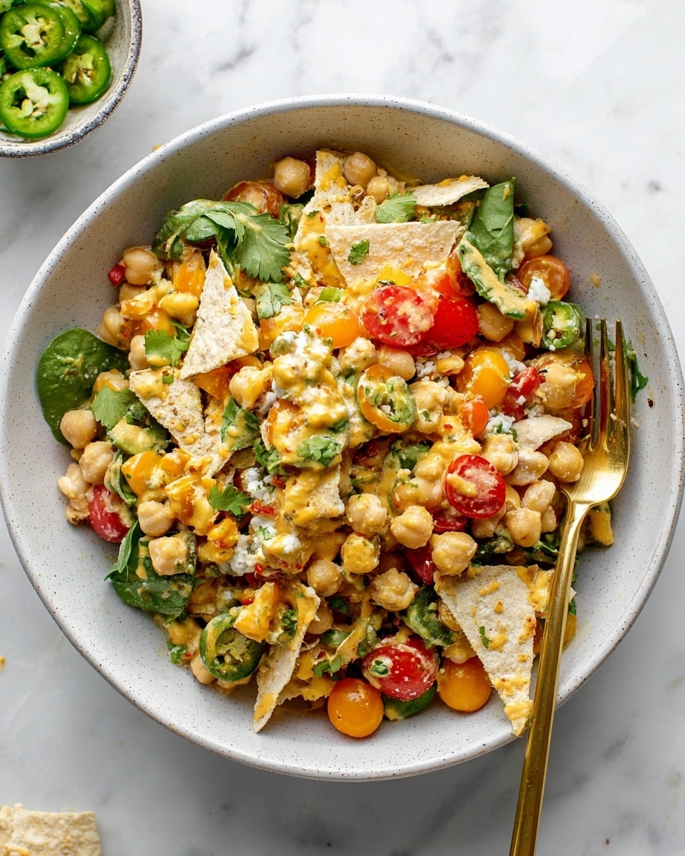 The dish in a white bowl is a colorful chickpea salad with multiple layers. The base layer shows soft beige chickpeas mixed with chopped green herbs and small pieces of crisp, light beige pita chips scattered throughout. Bright red and orange cherry tomato halves add bursts of color on top, mixed with fresh green spinach leaves and thin slices of green jalapeño. A creamy yellow dressing is drizzled unevenly across the salad, enhancing the texture and color variety. A gold fork rests inside the bowl, which sits on a white marbled surface. Photo taken with an iphone --ar 4:5 --v 7