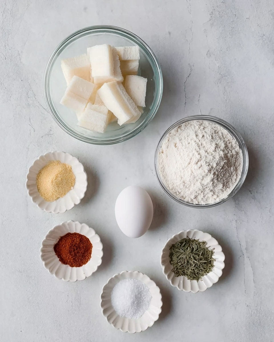 The image shows seven separate ingredients placed on a white marbled surface. In the upper left, there is a clear glass bowl filled with thick, white rectangular pieces. Next to it on the right is another clear glass bowl filled with white flour. Below the bowl of flour is a single white egg resting directly on the surface. There are four small white scalloped dishes spread in an arc below the egg and bowls: from left to right, the first dish contains a yellowish powder, the second dish, directly below the egg, contains a reddish-brown powder, the third dish has a small pile of green dried leaves, and the fourth holds some coarse white salt. The setup is neat and minimal with a soft natural light. photo taken with an iphone --ar 4:5 --v 7