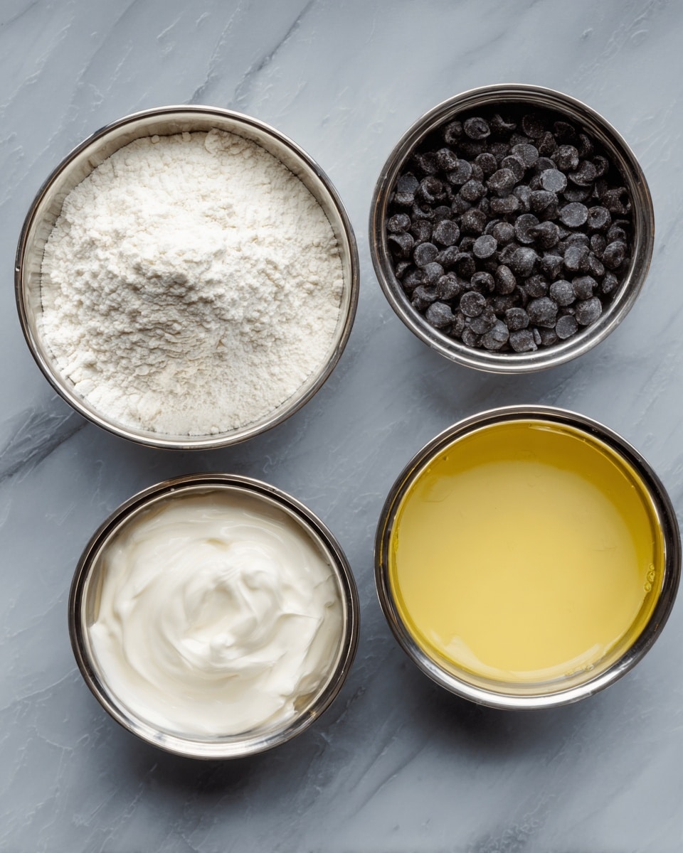 Four small round metal bowls with ingredients are shown from the top on a white marbled surface. The top left bowl contains white flour with a soft powdery texture. The top right bowl is filled with many small, round, dark brown chocolate chips. The bottom left bowl holds white, thick yogurt with a smooth surface. The bottom right bowl has melted butter with a clear yellow liquid texture. All bowls have a shiny metal edge reflecting light. photo taken with an iphone --ar 4:5 --v 7