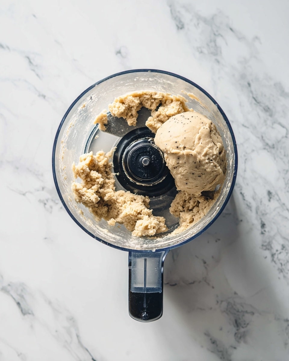 A top view of a clear food processor bowl showing a ball of light beige dough with small dark specks on the black central blade inside the bowl, with some dough pieces scattered around the blade. The bowl handle extends to the right side. The food processor is placed on a white marbled surface. photo taken with an iphone --ar 4:5 --v 7