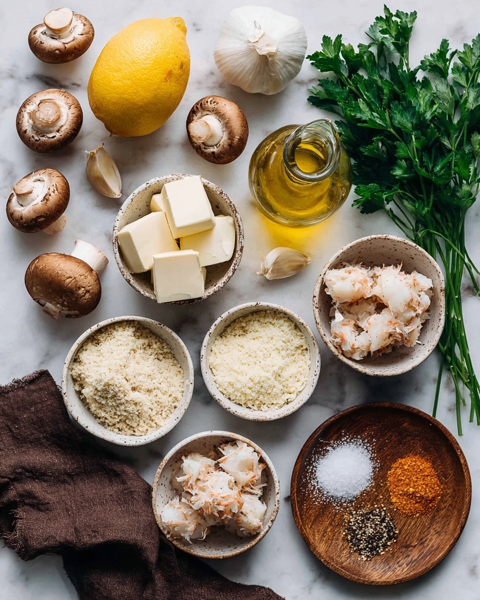 A flat lay of cooking ingredients on a white marbled surface, including whole brown mushrooms scattered around, a whole lemon on the left, a bulb of garlic near the top, fresh green parsley on the right side, a small clear glass bottle of golden olive oil in the center, and multiple small white ceramic bowls. The bowls hold different items: one with three white blocks of cheese, one with creamy white mayonnaise, one with white grated cheese, one with pinkish-brown chunks of crab meat, and one with fine beige breadcrumbs. There is also a small wooden plate with three sections containing coarse white salt, black pepper, and an orange spice mix. A brown cloth is partially visible in the bottom left corner. Photo taken with an iphone --ar 4:5 --v 7