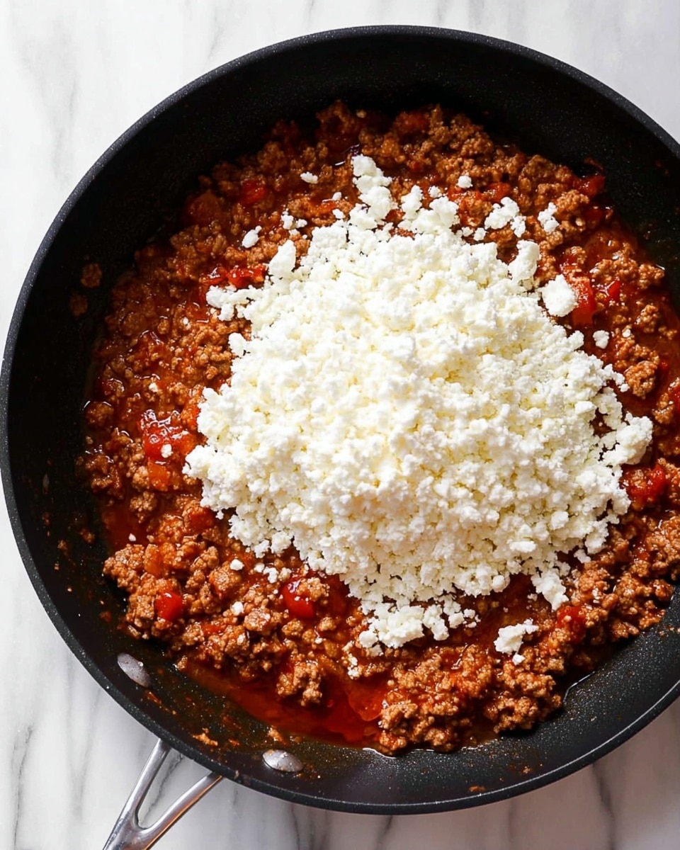The image shows a black frying pan filled with cooked ground meat mixed with a red sauce that has some visible small bits of vegetables. On top of this mixture, there is a large mound of white crumbly cheese piled in the center, covering part of the meat. The pan handle is metallic and sits on a white marbled surface. The textures of the meat and sauce look moist and thick, while the cheese is dry and crumbly, creating a clear contrast. photo taken with an iphone --ar 4:5 --v 7