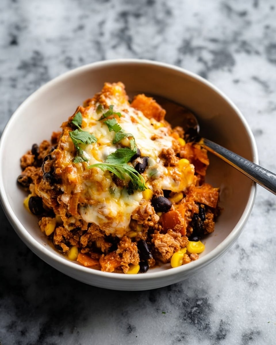 A bowl with a white color holds a layered dish with three main layers. The bottom layer is a chunky mix of cooked ground meat and orange vegetable pieces. The middle layer has black beans and yellow corn scattered evenly. The top layer is melted creamy cheese, looking soft and slightly browned in some spots. A few green herb bits are on top, and a sprig of green herb rests beside the dish inside the bowl. A spoon is placed inside the bowl next to the food, and the bowl sits on a white marbled surface. Photo taken with an iphone --ar 4:5 --v 7