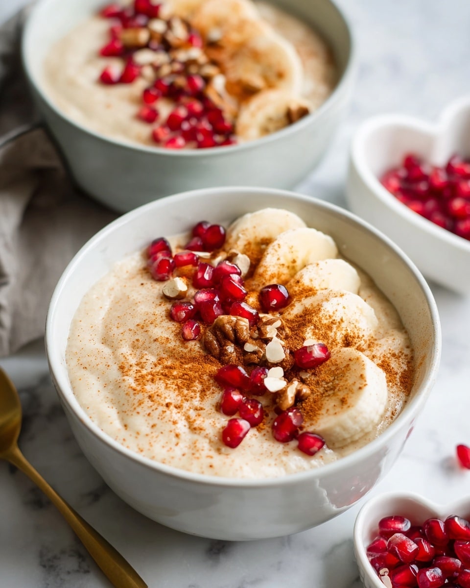 The image shows two white bowls filled with a creamy beige base, topped with three layers of sliced banana arranged in a semicircle on one side. On top of the banana slices are scattered bright red pomegranate seeds and small pieces of light brown nuts, with a sprinkle of cinnamon powder adding a warm orange-brown color over the surface. The bowls are placed on a white marbled surface, with some loose pomegranate seeds in a small heart-shaped white dish to the side, and a gold spoon partially visible on the left. The focus is sharp on the front bowl, while the back bowl is softly blurred, highlighting the texture and colors vividly. Photo taken with an iphone --ar 4:5 --v 7