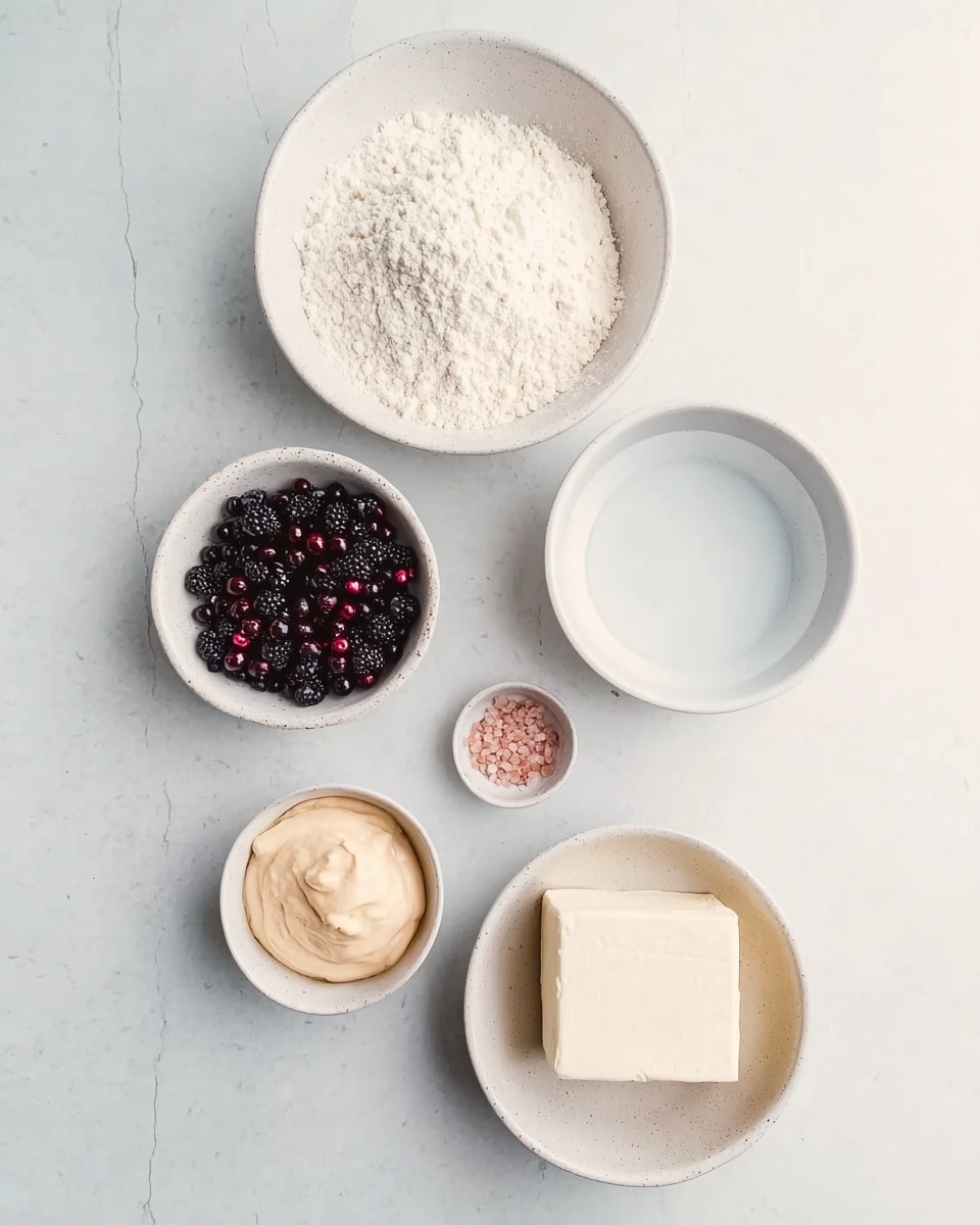 The image shows six small white bowls arranged neatly on a white marbled surface. At the top is a bowl filled with fine white flour, below it to the right is a bowl with clear water. To the left of the water bowl, there is a bowl filled with small black and red berries. Below the water bowl, to the bottom right, is a bowl holding a block of white cream cheese. To the left of this, there is a small bowl with a creamy beige paste, and in the center between these two is a tiny bowl containing pink salt crystals. The overall color palette is light and neutral, creating a clean and organized look. photo taken with an iphone --ar 4:5 --v 7