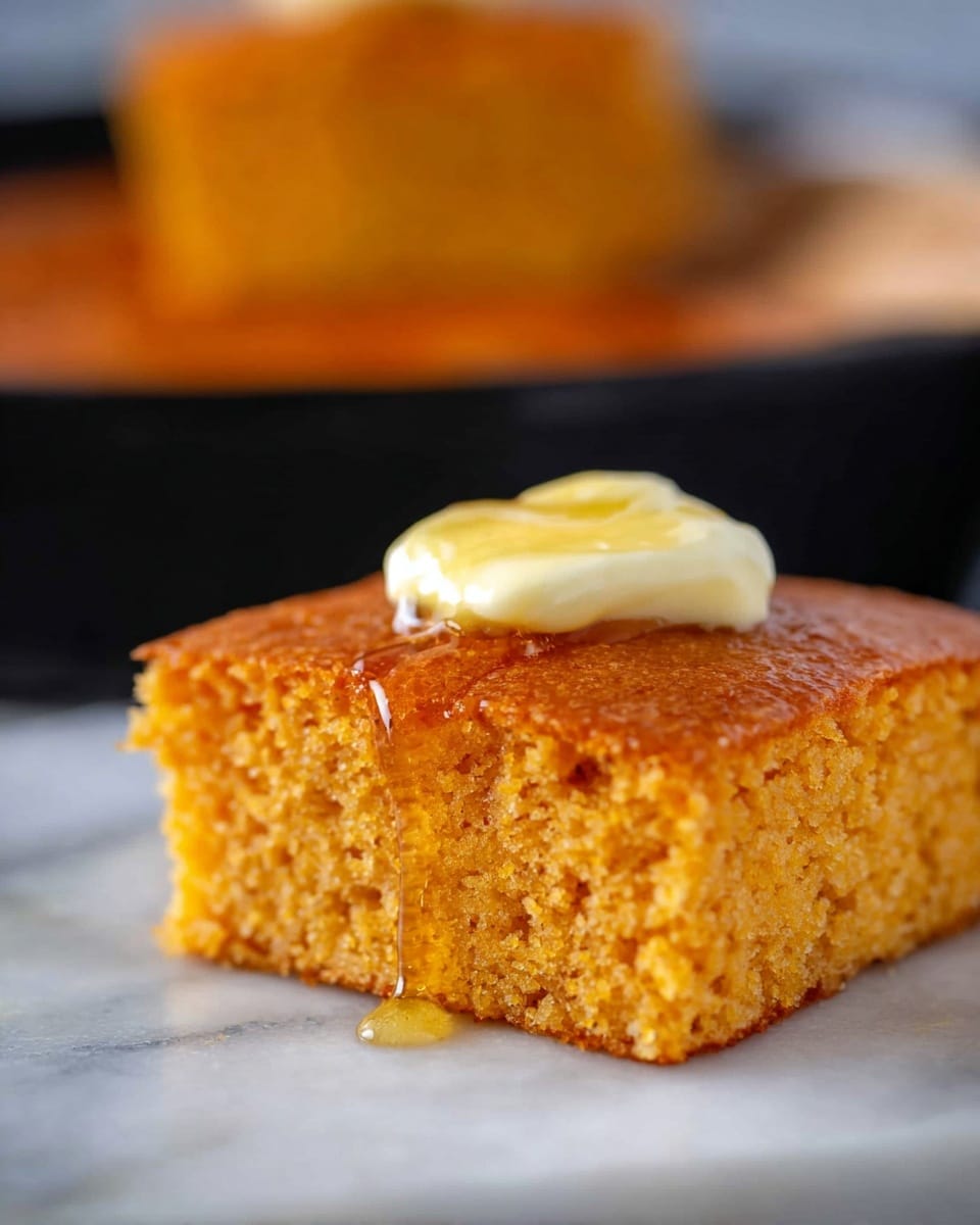 A square piece of cornbread with a light orange, crumbly texture sits on a white marbled surface. On top of the cornbread is a small melting pat of pale yellow butter with some shiny honey dripping down the sides, adding a glossy finish to the top. In the background, a black skillet filled with more orange cornbread is blurred softly, contrasting with the sharp focus on the piece in front. Photo taken with an iphone --ar 4:5 --v 7