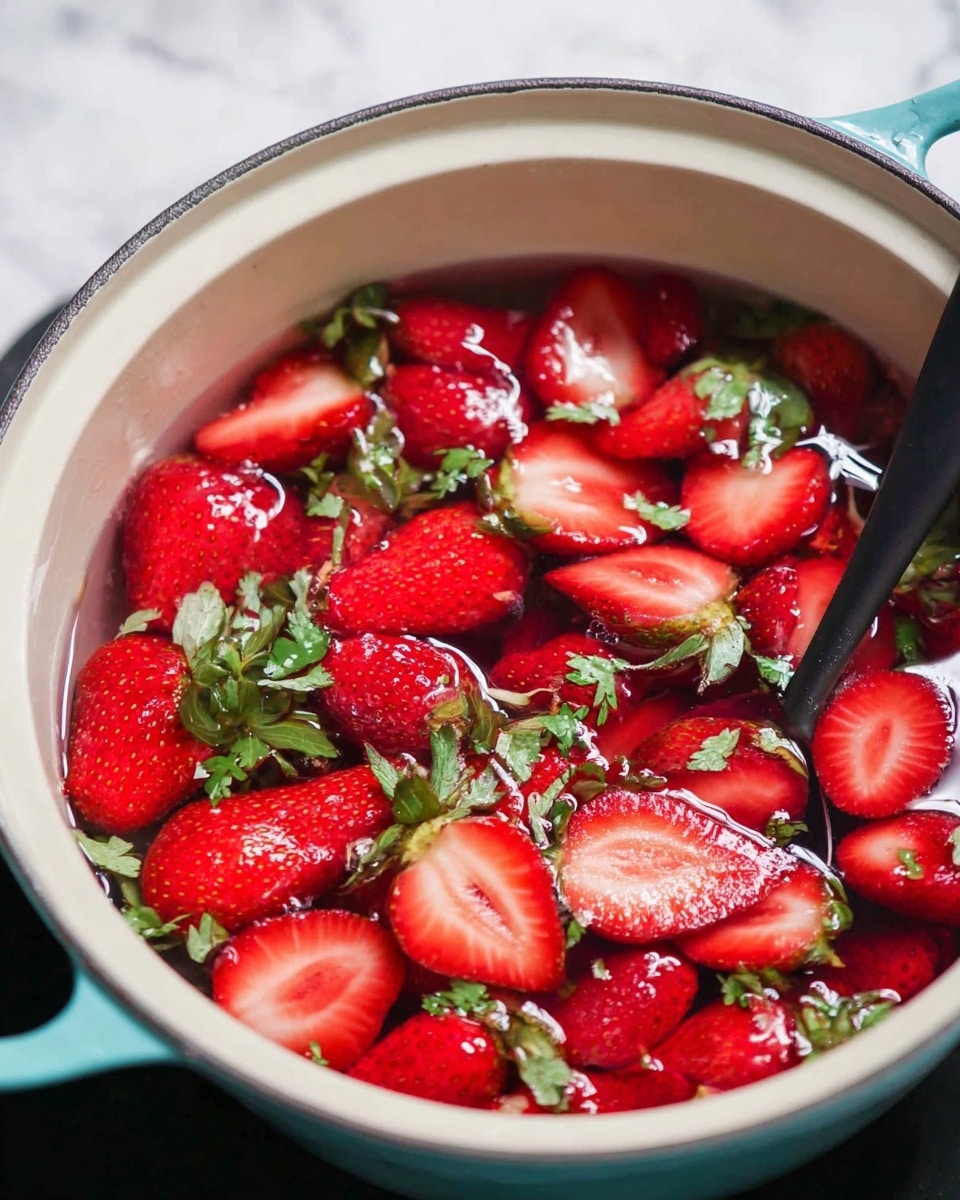 A white pot with light blue handles is filled with whole and sliced strawberries submerged in clear water. The strawberries show bright red color with fresh green leafy tops, some floating and some slightly submerged, giving a mix of wet, shiny red and fresh green textures. A black spoon is partially visible resting inside the pot among the strawberries. The background shows a white marbled texture, making the red strawberries stand out vividly. photo taken with an iphone --ar 4:5 --v 7
