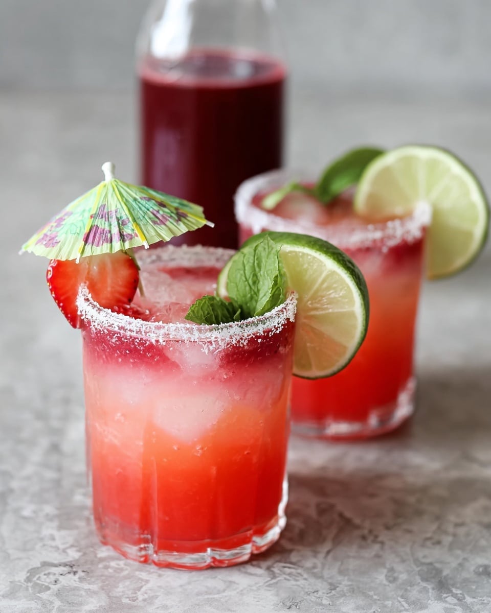Two short clear glasses filled with a layered pink to red drink with ice cubes. Each glass has a light sugar rim, a slice of lime placed on the right side, a fresh green mint leaf next to the lime, and a small colorful paper umbrella stuck into the drink. One glass shows a red strawberry slice floating on top. Both glasses sit on a white marbled surface. In the back, there is a tall clear bottle filled with dark red liquid, slightly blurred. Photo taken with an iphone --ar 4:5 --v 7
