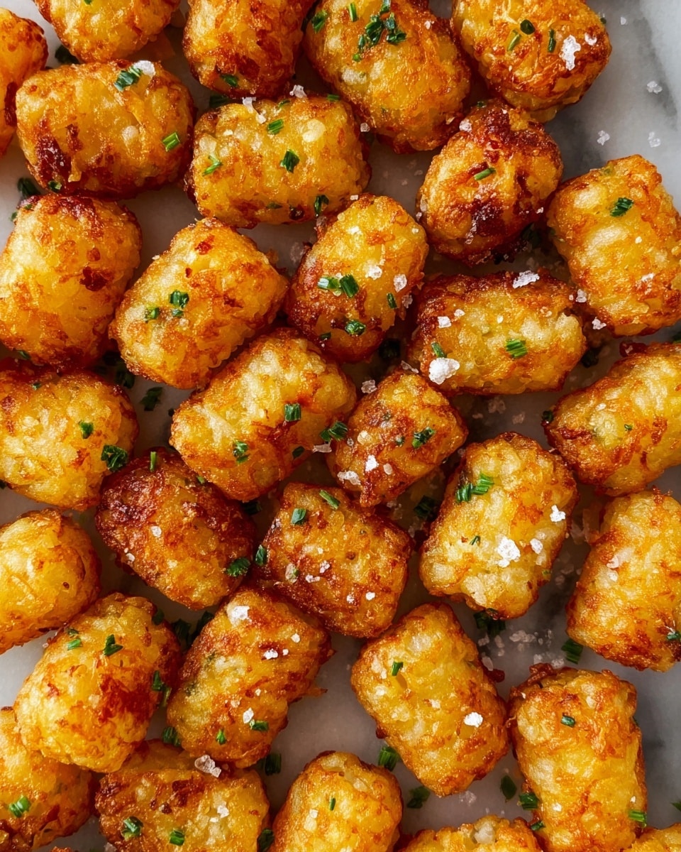 The image shows a close-up view of many golden brown tater tots scattered across a white marbled surface. Each tater tot is small and rounded with a crispy texture, showing crunchy edges and soft centers. The tots have a bright, warm yellow to deep golden color with slight browning spots. Small bits of green herbs are sprinkled evenly on top, adding a fresh touch alongside coarse salt crystals that create a glistening effect. The arrangement is casual, with the tater tots touching or slightly spaced, filling the frame fully. photo taken with an iphone --ar 4:5 --v 7