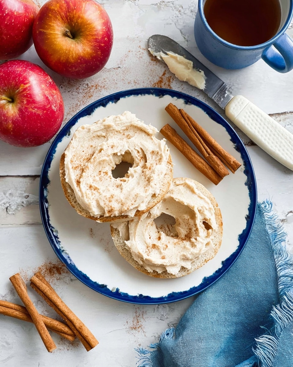 The image shows a white plate with blue rings holding two halves of a bagel, each topped with a thick layer of creamy, light beige spread that looks soft and slightly textured. The plate is set on a white marbled surface. Around the plate are three red apples with some shiny spots, a few sticks of brown cinnamon lying side by side, a white spread knife with some spread residue on it, and a blue mug with tea visible inside. There is also a folded blue cloth with rough edges near the apples. photo taken with an iphone --ar 4:5 --v 7