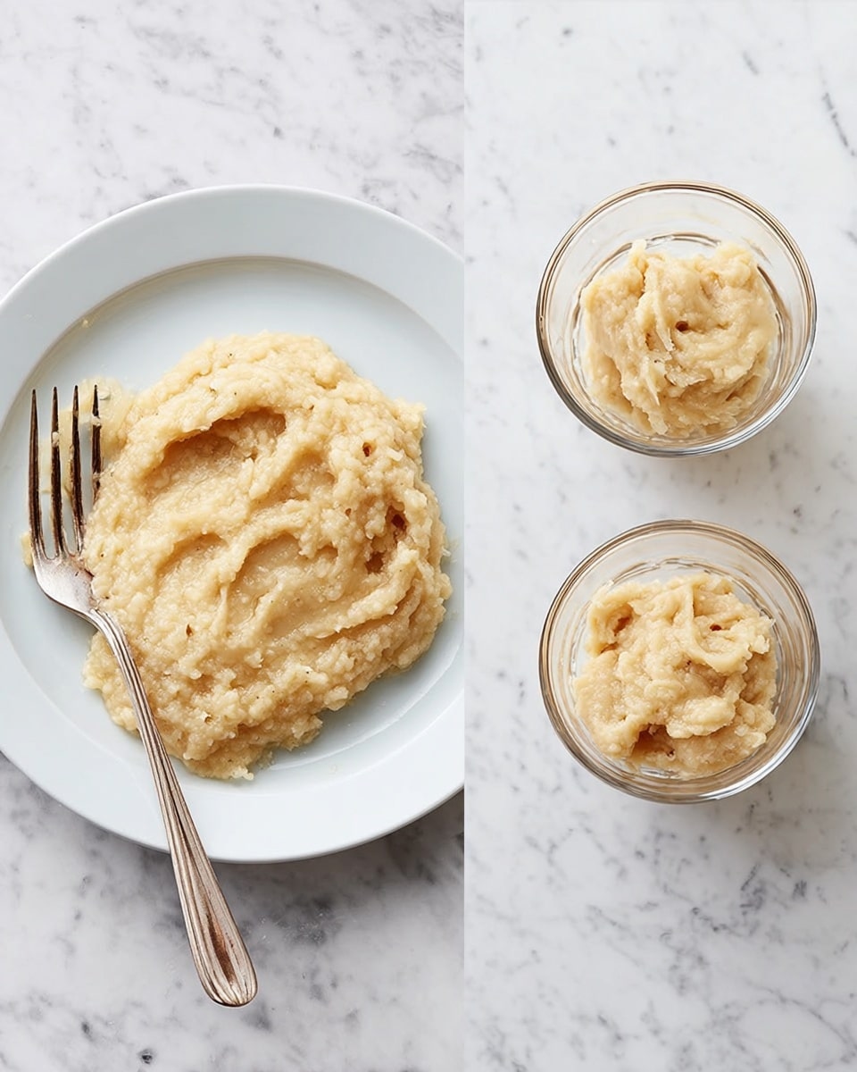 The image shows two parts: on the left, a white plate with a thick layer of light beige mashed banana, which has a slightly rough texture and visible small dark spots. A silver fork rests on the edge of the plate, partially on top of the mashed banana. On the right, two clear glass cups each contain a small amount of the same light beige mashed banana, with a soft and creamy texture, placed on a white marbled surface. Photo taken with an iphone --ar 4:5 --v 7