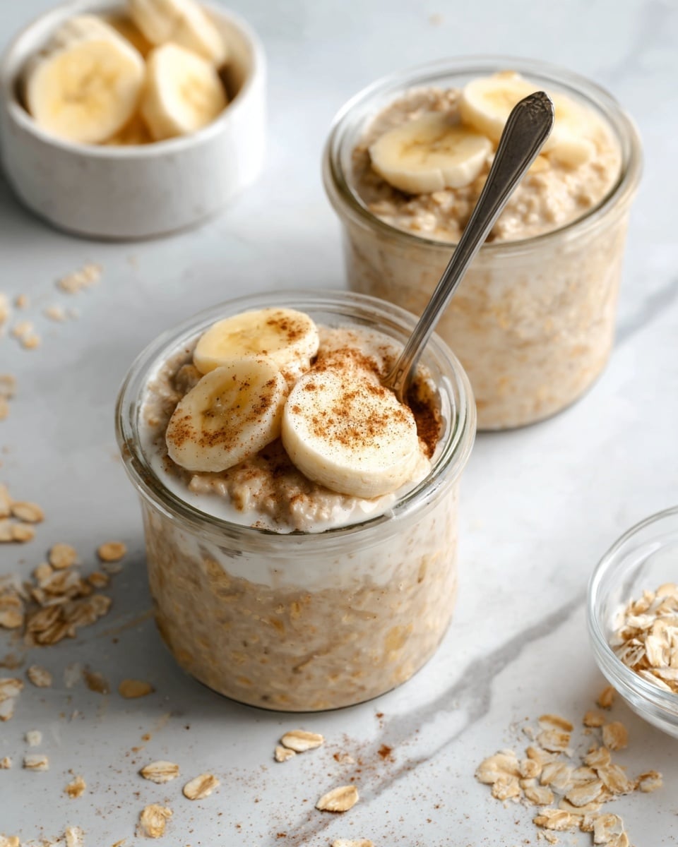 This image shows two clear glass jars filled with a creamy oatmeal mixture. Each jar has a layer of oatmeal with a thick, soft texture in a light brown color, topped with three slices of banana arranged on the surface, sprinkled lightly with a dark brown powder, likely cinnamon. One jar in front has a silver spoon dipped into the oatmeal, scooping some of the textured oats with banana slices. In the background, there is a small white bowl with extra banana slices and a white container, all set on a white marbled surface scattered with some loose oats. The overall scene is bright and neat, focusing on the oatmeal jars. photo taken with an iphone --ar 4:5 --v 7