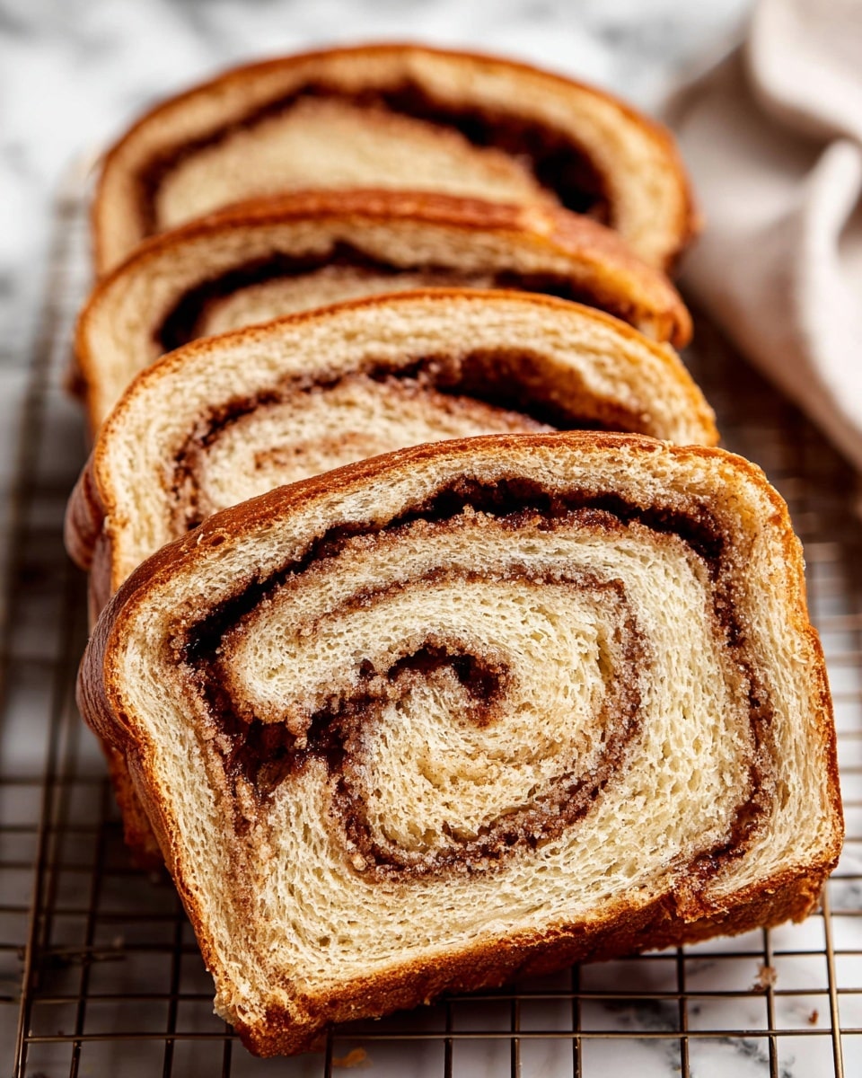 Three thick slices of cinnamon swirl bread are shown, each slice revealing multiple layers of light beige bread with a soft texture, spiraled with darker brown cinnamon filling that creates a textured, slightly grainy swirl inside. The outer crust is a smooth, medium golden brown, slightly shiny with a firm appearance. The slices are placed in a row on a wire rack with a white marbled surface visible in the background. Photo taken with an iphone --ar 4:5 --v 7