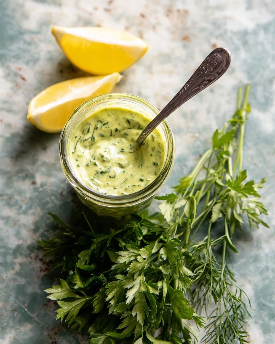 A clear glass jar is shown from above filled with a creamy light green sauce mixed with small green herb pieces, with a silver spoon resting inside. Two bright yellow lemon wedges are placed just above the jar. On the right side, there is a bunch of fresh green herbs with feathery leaves. The items are arranged on a white marbled surface. photo taken with an iphone --ar 4:5 --v 7