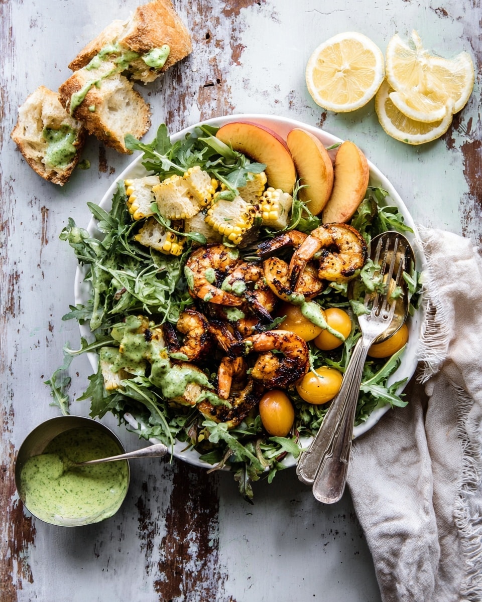 A white plate sits on a white marbled surface, filled with a colorful salad arranged in layers: the base layer is fresh green arugula and leafy herbs, next slices of yellow-orange peaches and small yellow cherry tomatoes are scattered throughout. On top of this are grilled shrimp with dark char marks, shiny with a light glaze, and pieces of grilled corn with a slightly burnt texture. Small chunks of crusty bread with a light golden crust are placed over the salad, drizzled with a thick green sauce that adds a fresh look. Beside the plate, a silver spoon and fork rest with a piece of bread holding some green sauce, and a few lemon wedges are placed above the plate. The whole scene has a rustic yet fresh feeling. photo taken with an iphone --ar 4:5 --v 7
