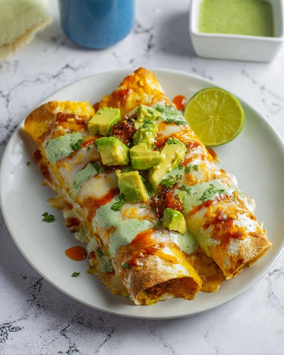 Two rolled enchiladas sit side by side on a white plate with a white marbled texture underneath. The bottom layer is a soft yellow tortilla filled with a savory mix, topped with melted white and orange cheese covering the entire surface. Green avocado chunks are scattered across the cheese, with dollops of green sauce and spots of reddish-brown sauce adding a mix of colors and textures. A halved lime rests nearby on the white marbled surface, along with a small square white bowl of green sauce in the background. The colors are bright with a fresh and inviting look, photo taken with an iphone --ar 4:5 --v 7