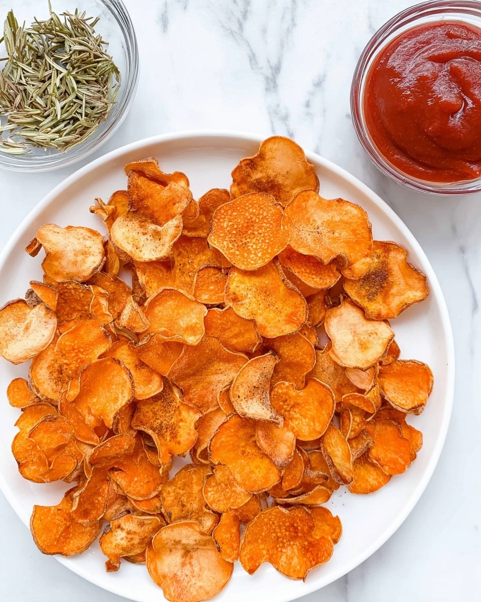 A white plate filled with one layer of thin, crispy orange sweet potato chips scattered unevenly, showing varying shades of orange with some darker brown edges. To the left of the plate is a small clear glass bowl containing dried rosemary with a pale green color, and on the right, there is a small clear glass bowl filled with a smooth, thick deep red sauce. The background is a white marbled surface. photo taken with an iphone --ar 4:5 --v 7