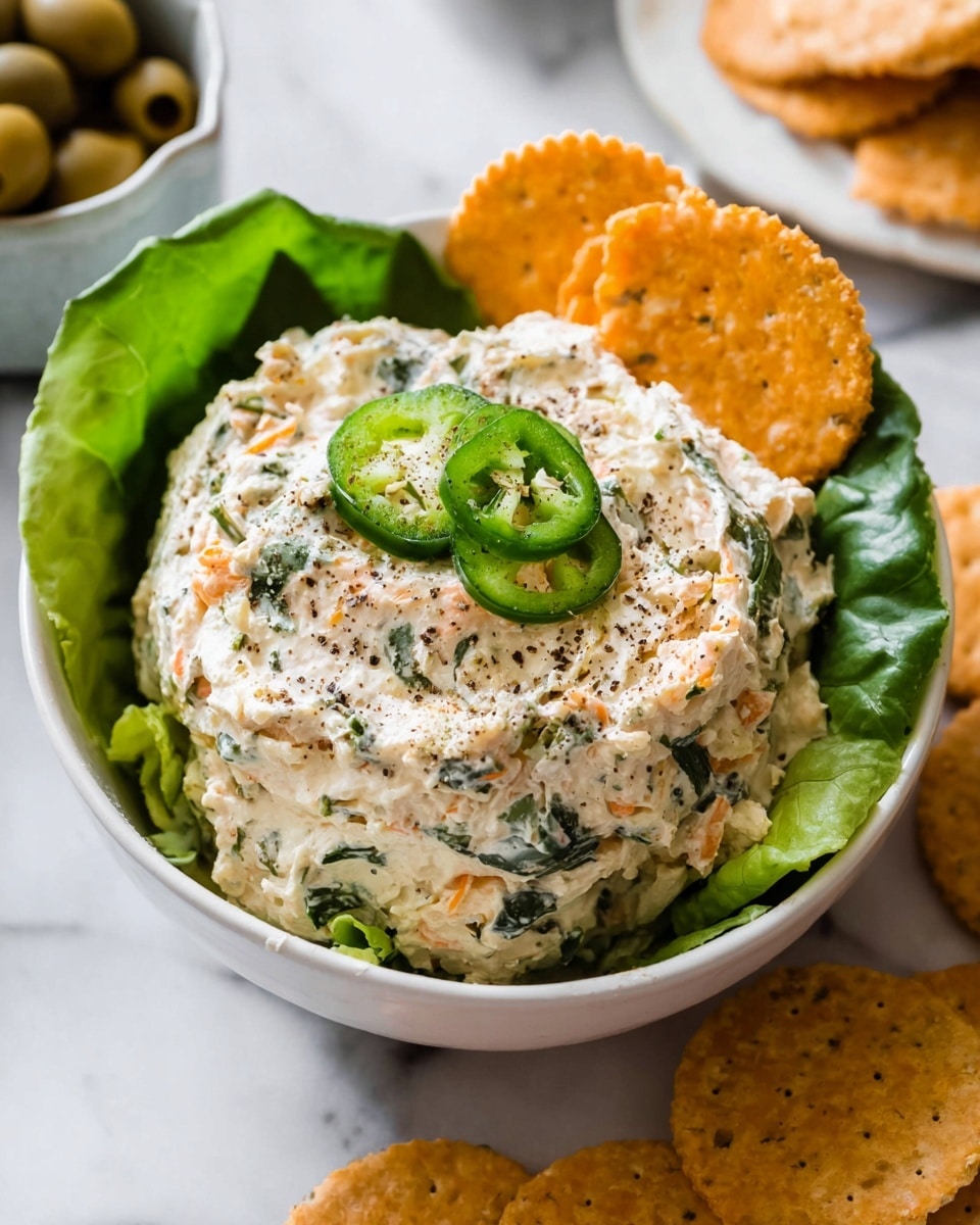 A white bowl holds a creamy mixed spread with a light orange and green mix inside, resting on bright green lettuce leaves that line the bowl. On top of the spread are three green jalapeño slices to the left and two orange crackers slightly dipped into the spread on the right, with a sprinkle of black pepper over everything. The bowl sits on a white marbled surface with additional crackers and a bowl of olives visible nearby. Photo taken with an iphone --ar 4:5 --v 7