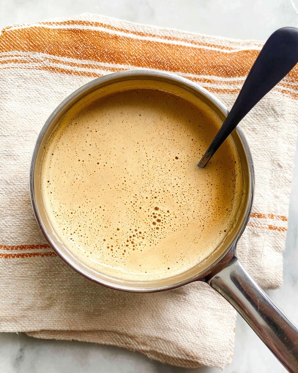 A close-up view of a small stainless steel saucepan filled with a creamy light tan sauce that has a smooth and slightly frothy texture with tiny bubbles evenly spread on the surface. A black spoon handle is dipped in the sauce on the right side of the pan. The saucepan rests on a folded beige cloth with faint orange stripes, all set on a white marbled surface. Photo taken with an iphone --ar 4:5 --v 7