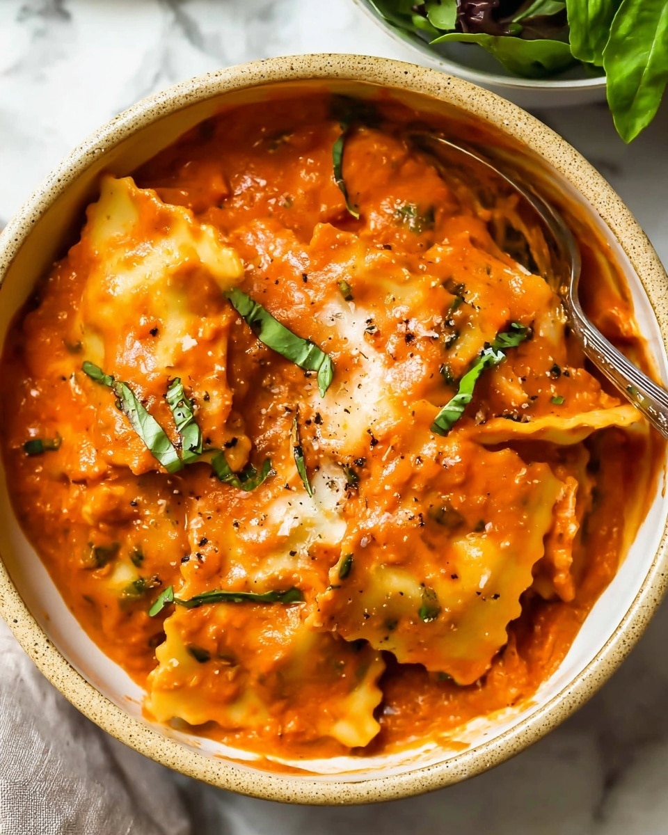 A close-up top view of a bowl filled with three thick layers of creamy, orange-red tomato sauce mixed with chunks of cheese and lasagna noodles that are soft with ruffled edges. The noodles sit in three layers, visible under the sauce, showing a mix of smooth and slightly melted white cheese. Small green strips of fresh basil are sprinkled on top, adding bright contrast. A silver spoon is placed inside the bowl on the right side, partially covered with sauce. The bowl is round with a speckled beige outer edge, placed on a white marbled surface with some green leafy vegetables blurred in the background. Photo taken with an iphone --ar 4:5 --v 7