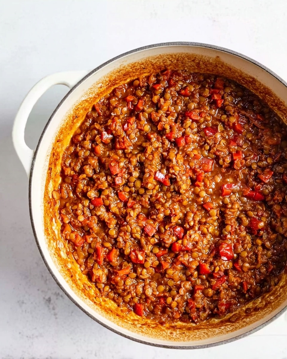 The image shows a white cast iron pot filled with a thick, chunky lentil stew. The stew has a mix of small lentils, diced red bell peppers, and finely chopped vegetables simmered in a rich reddish-brown sauce, giving the dish a hearty and textured look. The pot is placed on a white marbled surface, and the stew’s surface appears evenly spread with some parts showing a slight darker caramelized crust around the edges of the pot. Photo taken with an iphone --ar 4:5 --v 7