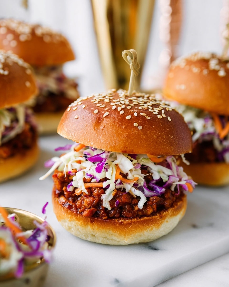 A sandwich with two layers inside a sesame-seed sprinkled golden brown bun: the bottom layer is a thick meat sauce with visible pieces in dark reddish-brown color, topped by a colorful coleslaw layer with shredded white, purple cabbage, and orange carrots, all held together with a small bamboo skewer in the center. The sandwich is placed on a white marbled surface with other similar sandwiches and a tall golden object blurred in the background. Photo taken with an iphone --ar 4:5 --v 7
